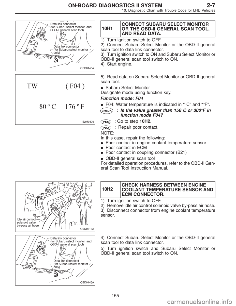 SUBARU LEGACY 1997  Service Repair Manual OBD0145A
10H1CONNECT SUBARU SELECT MONITOR
OR THE OBD-II GENERAL SCAN TOOL,
AND READ DATA.
1) Turn ignition switch to OFF.
2) Connect Subaru Select Monitor or the OBD-II general
scan tool to data link
