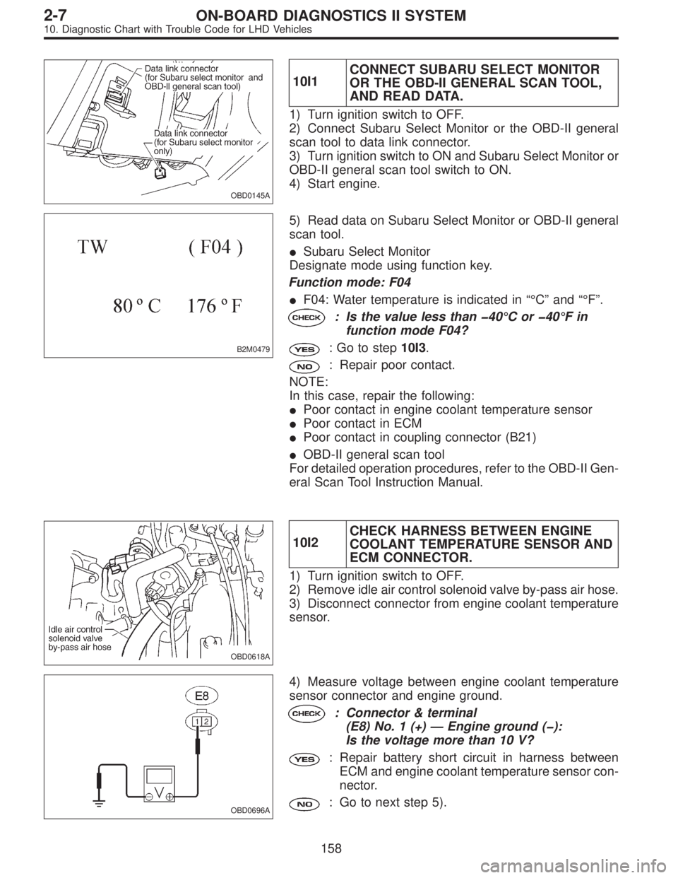 SUBARU LEGACY 1997  Service Repair Manual OBD0145A
10I1CONNECT SUBARU SELECT MONITOR
OR THE OBD-II GENERAL SCAN TOOL,
AND READ DATA.
1) Turn ignition switch to OFF.
2) Connect Subaru Select Monitor or the OBD-II general
scan tool to data link