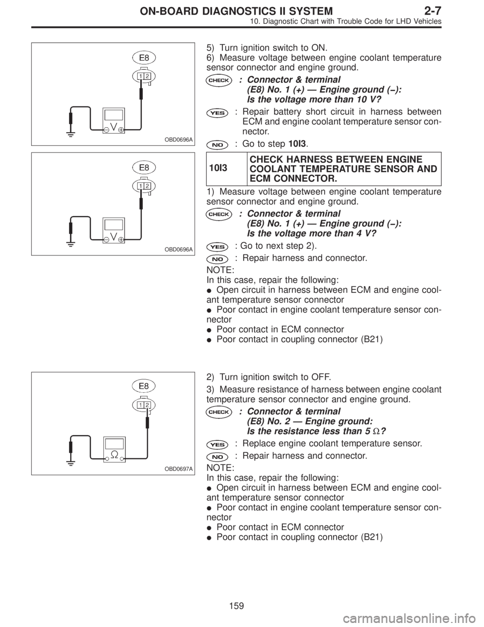 SUBARU LEGACY 1997  Service Repair Manual OBD0696A
5) Turn ignition switch to ON.
6) Measure voltage between engine coolant temperature
sensor connector and engine ground.
: Connector & terminal
(E8) No. 1 (+)—Engine ground (�):
Is the volt