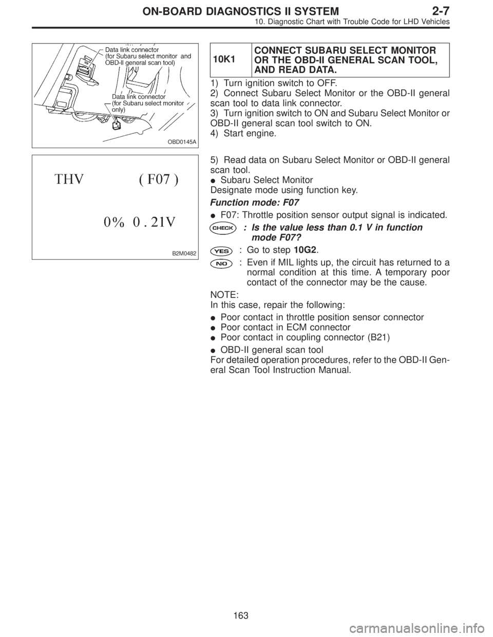 SUBARU LEGACY 1997  Service Repair Manual OBD0145A
10K1CONNECT SUBARU SELECT MONITOR
OR THE OBD-II GENERAL SCAN TOOL,
AND READ DATA.
1) Turn ignition switch to OFF.
2) Connect Subaru Select Monitor or the OBD-II general
scan tool to data link
