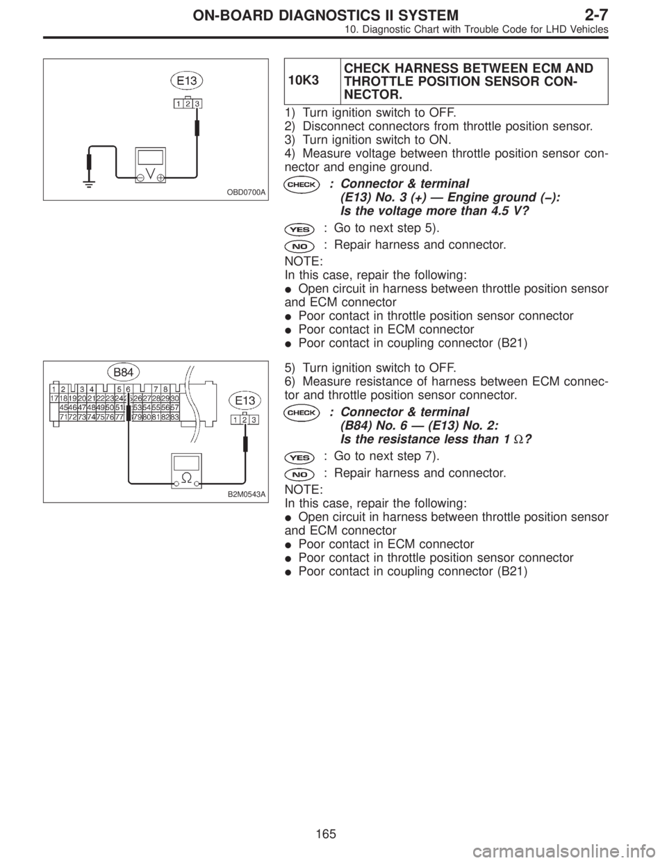 SUBARU LEGACY 1997  Service Repair Manual OBD0700A
10K3CHECK HARNESS BETWEEN ECM AND
THROTTLE POSITION SENSOR CON-
NECTOR.
1) Turn ignition switch to OFF.
2) Disconnect connectors from throttle position sensor.
3) Turn ignition switch to ON.
