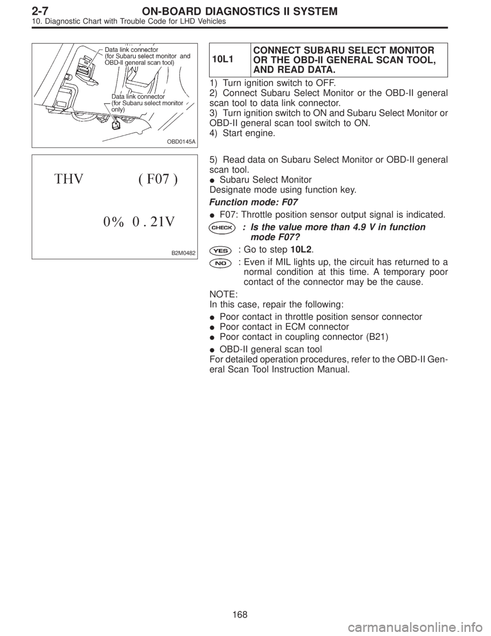 SUBARU LEGACY 1997  Service Repair Manual OBD0145A
10L1CONNECT SUBARU SELECT MONITOR
OR THE OBD-II GENERAL SCAN TOOL,
AND READ DATA.
1) Turn ignition switch to OFF.
2) Connect Subaru Select Monitor or the OBD-II general
scan tool to data link