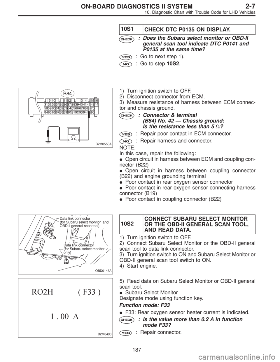SUBARU LEGACY 1997  Service Repair Manual 10S1
CHECK DTC P0135 ON DISPLAY.
: Does the Subaru select monitor or OBD-II
general scan tool indicate DTC P0141 and
P0135 at the same time?
: Go to next step 1).
: Go to step10S2.
B2M0553A
1) Turn ig