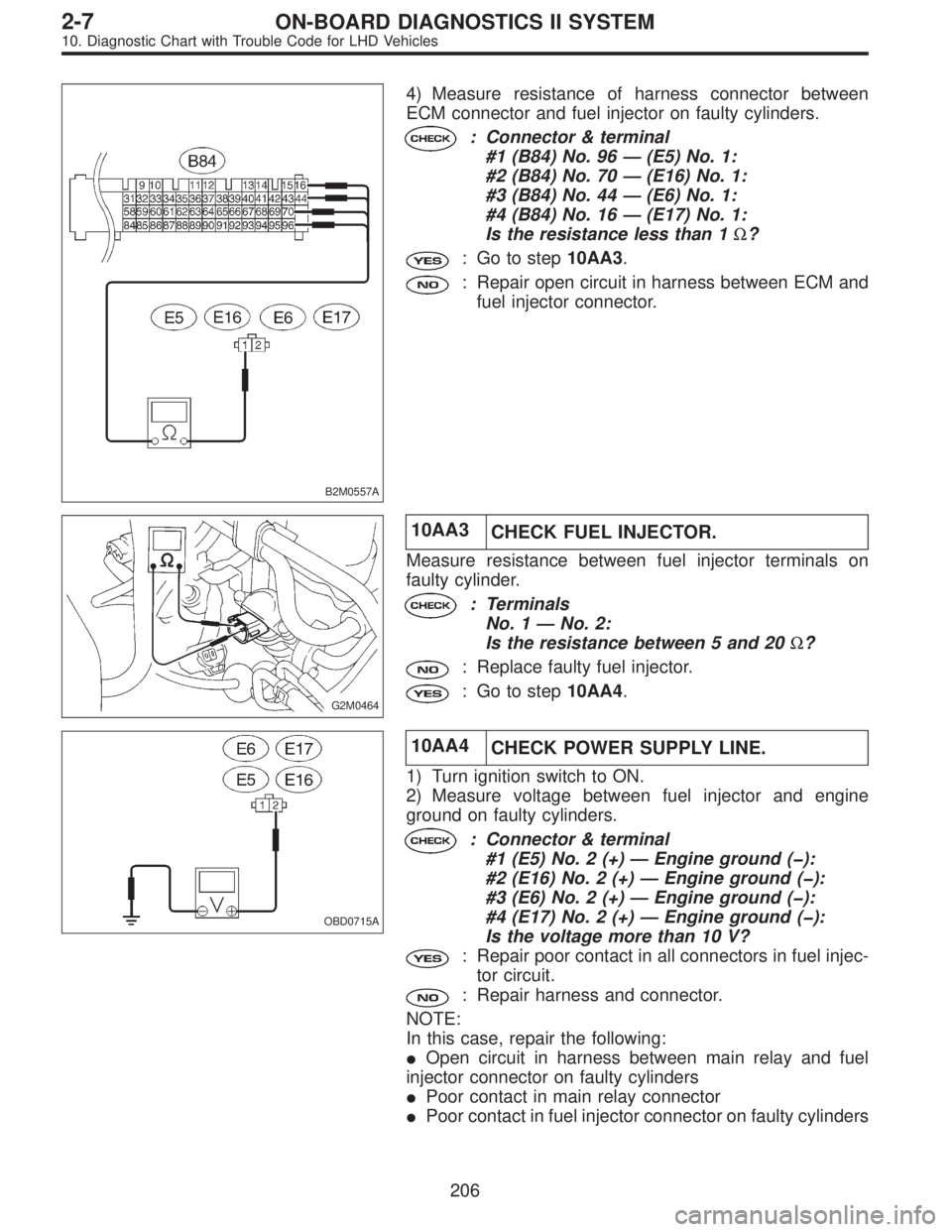 SUBARU LEGACY 1997  Service Repair Manual B2M0557A
4) Measure resistance of harness connector between
ECM connector and fuel injector on faulty cylinders.
: Connector & terminal
#1 (B84) No. 96—(E5) No. 1:
#2 (B84) No. 70—(E16) No. 1:
#3 