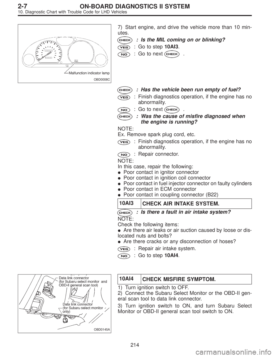 SUBARU LEGACY 1997  Service Repair Manual OBD0008C
7) Start engine, and drive the vehicle more than 10 min-
utes.
: Is the MIL coming on or blinking?
: Go to step10AI3.
: Go to next.
: Has the vehicle been run empty of fuel?
: Finish diagnost