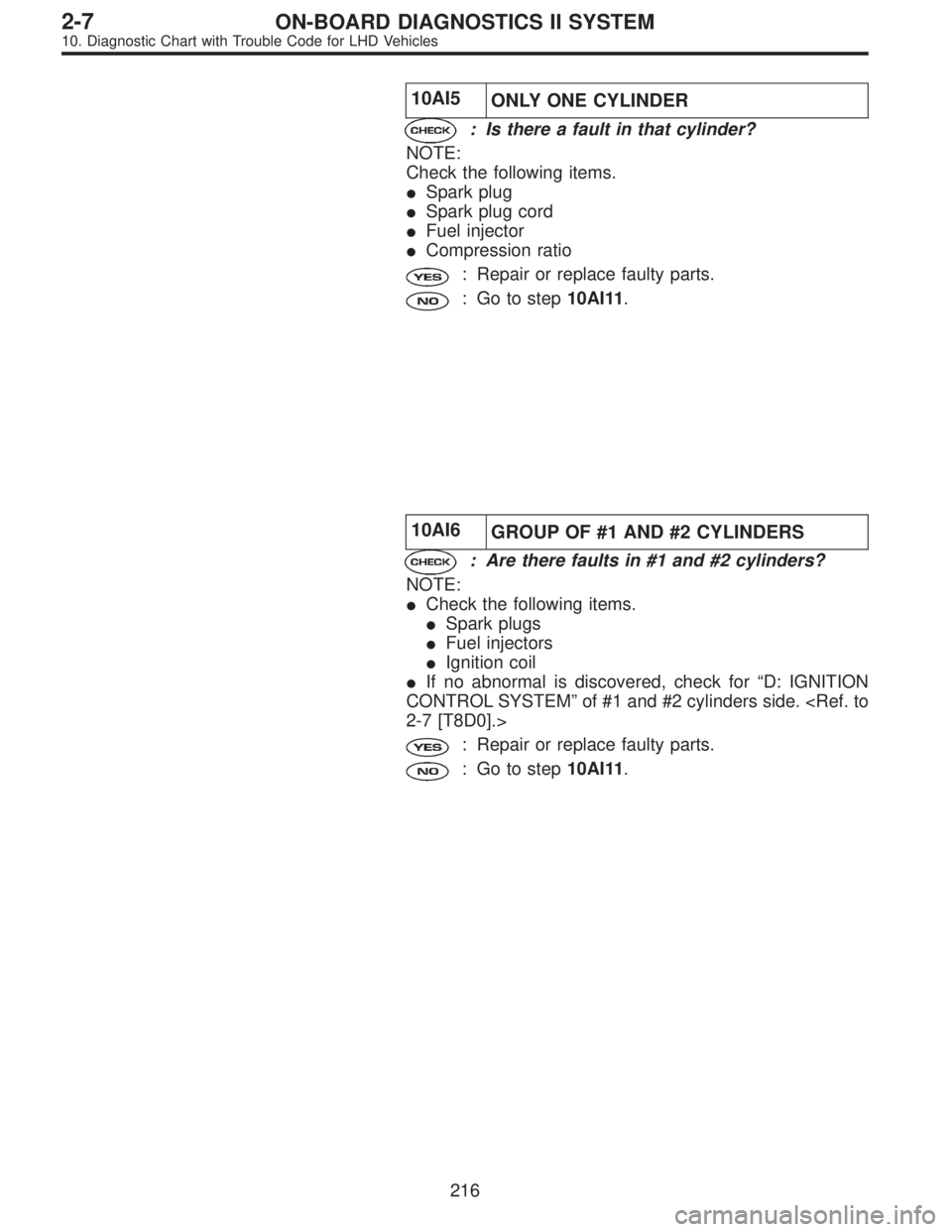 SUBARU LEGACY 1997  Service Repair Manual 10AI5
ONLY ONE CYLINDER
: Is there a fault in that cylinder?
NOTE:
Check the following items.
Spark plug
Spark plug cord
Fuel injector
Compression ratio
: Repair or replace faulty parts.
: Go to s