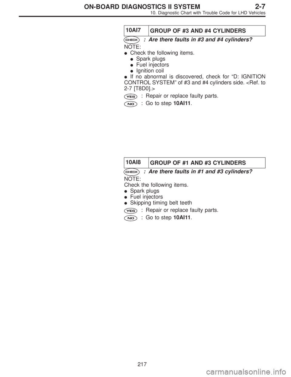 SUBARU LEGACY 1997  Service Repair Manual 10AI7
GROUP OF #3 AND #4 CYLINDERS
: Are there faults in #3 and #4 cylinders?
NOTE:
Check the following items.
Spark plugs
Fuel injectors
Ignition coil
If no abnormal is discovered, check for“D