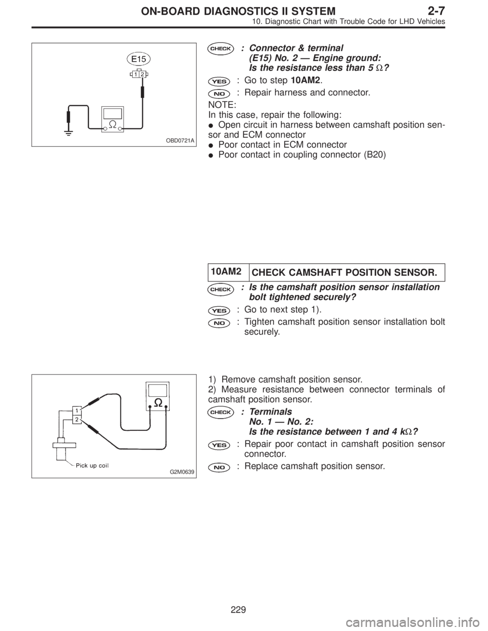 SUBARU LEGACY 1997  Service Repair Manual OBD0721A
: Connector & terminal
(E15) No. 2—Engine ground:
Is the resistance less than 5Ω?
: Go to step10AM2.
: Repair harness and connector.
NOTE:
In this case, repair the following:
Open circui