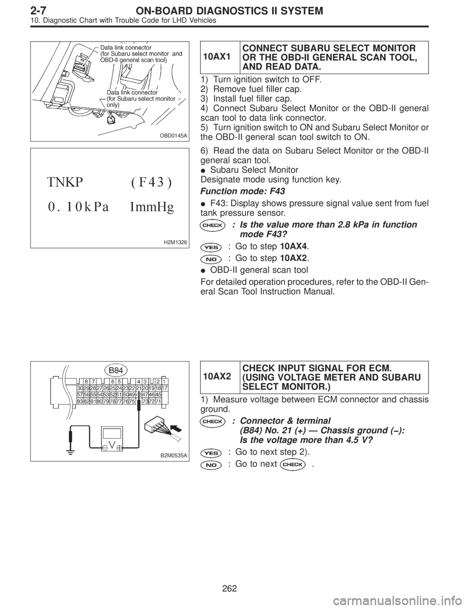 SUBARU LEGACY 1997  Service Repair Manual OBD0145A
10AX1CONNECT SUBARU SELECT MONITOR
OR THE OBD-II GENERAL SCAN TOOL,
AND READ DATA.
1) Turn ignition switch to OFF.
2) Remove fuel filler cap.
3) Install fuel filler cap.
4) Connect Subaru Sel