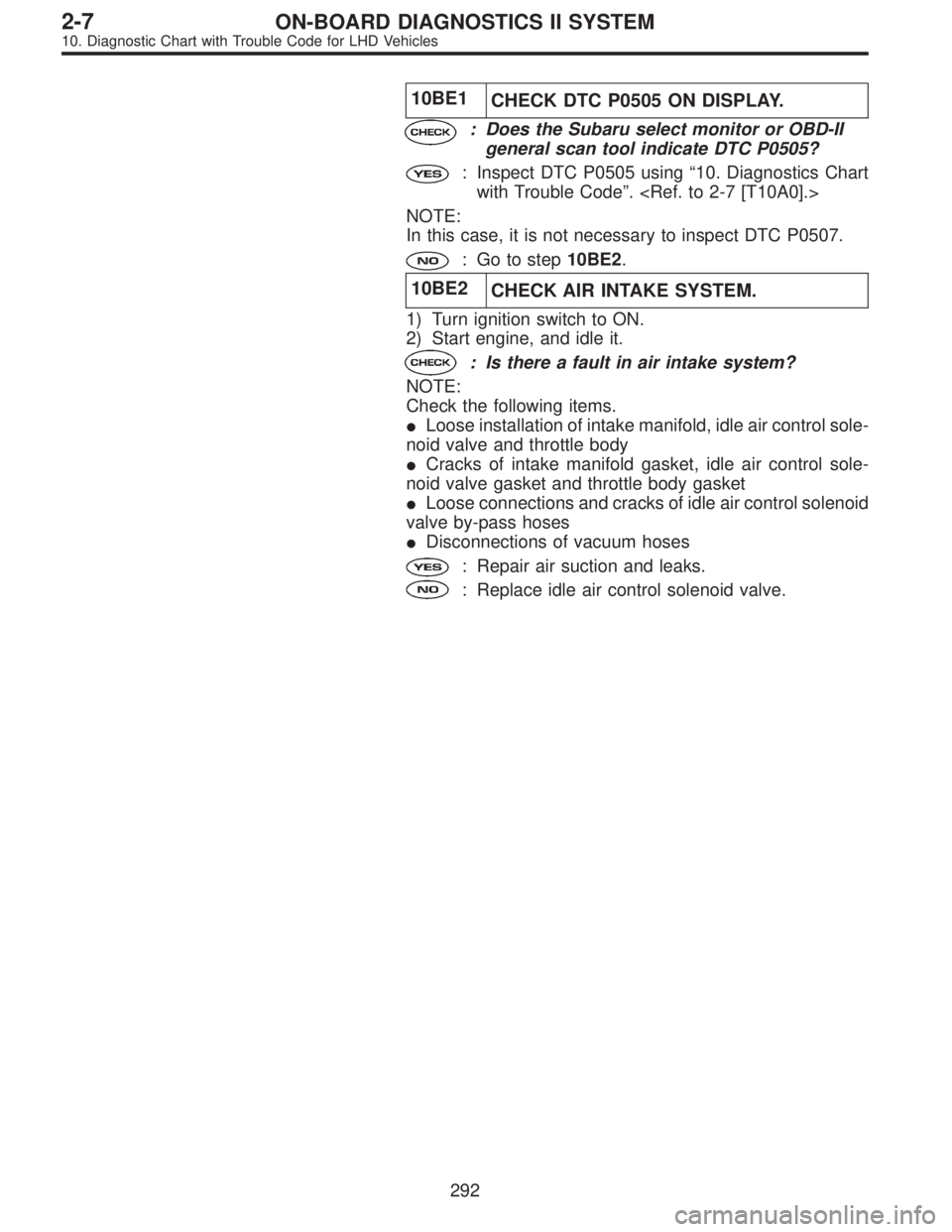 SUBARU LEGACY 1997  Service Repair Manual 10BE1
CHECK DTC P0505 ON DISPLAY.
: Does the Subaru select monitor or OBD-II
general scan tool indicate DTC P0505?
: Inspect DTC P0505 using“10. Diagnostics Chart
with Trouble Code”. <Ref. to 2-7 