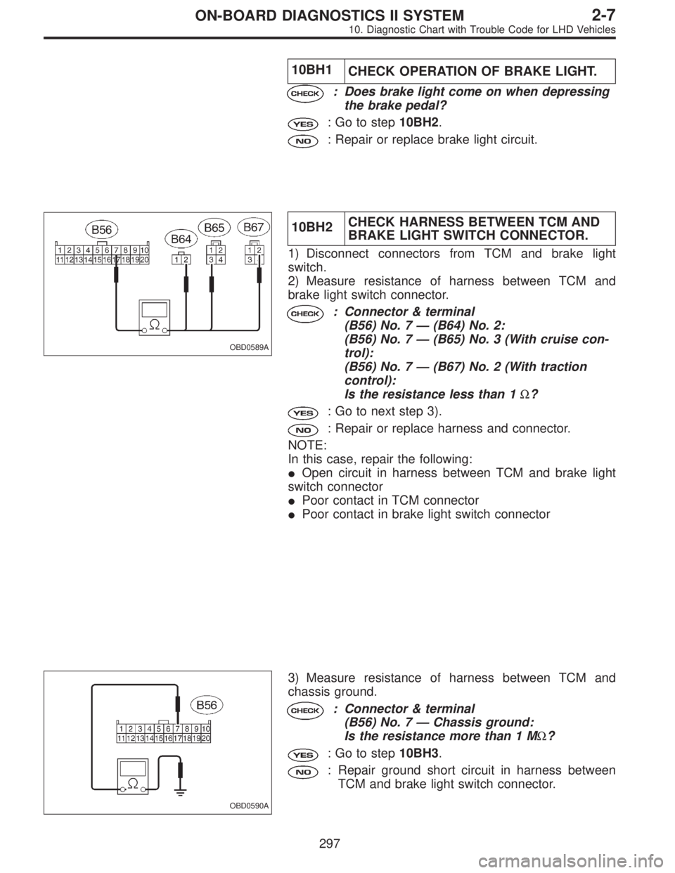 SUBARU LEGACY 1997  Service Repair Manual 10BH1
CHECK OPERATION OF BRAKE LIGHT.
: Does brake light come on when depressing
the brake pedal?
: Go to step10BH2.
: Repair or replace brake light circuit.
OBD0589A
10BH2CHECK HARNESS BETWEEN TCM AN