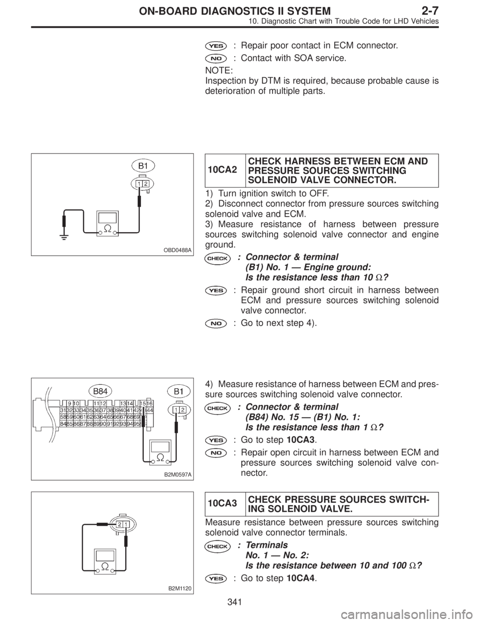 SUBARU LEGACY 1997  Service Repair Manual : Repair poor contact in ECM connector.
: Contact with SOA service.
NOTE:
Inspection by DTM is required, because probable cause is
deterioration of multiple parts.
OBD0488A
10CA2CHECK HARNESS BETWEEN 