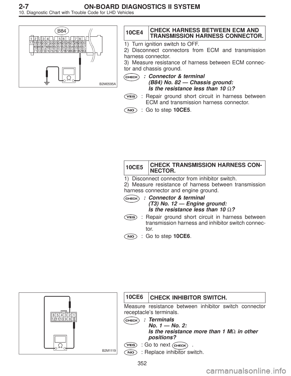 SUBARU LEGACY 1997  Service Repair Manual B2M0595A
10CE4CHECK HARNESS BETWEEN ECM AND
TRANSMISSION HARNESS CONNECTOR.
1) Turn ignition switch to OFF.
2) Disconnect connectors from ECM and transmission
harness connector.
3) Measure resistance 