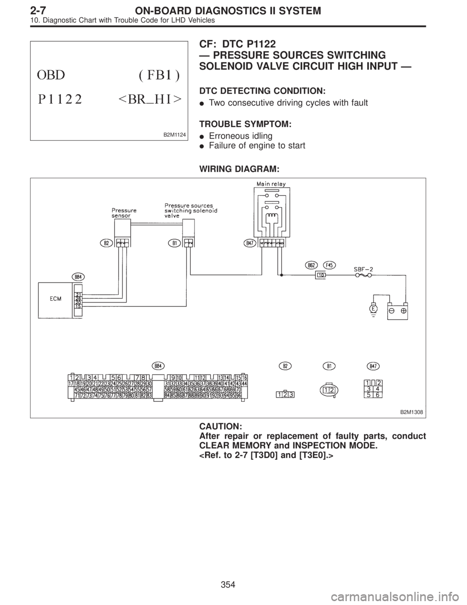 SUBARU LEGACY 1997  Service Repair Manual B2M1124
CF: DTC P1122
—PRESSURE SOURCES SWITCHING
SOLENOID VALVE CIRCUIT HIGH INPUT—
DTC DETECTING CONDITION:
Two consecutive driving cycles with fault
TROUBLE SYMPTOM:
Erroneous idling
Failure