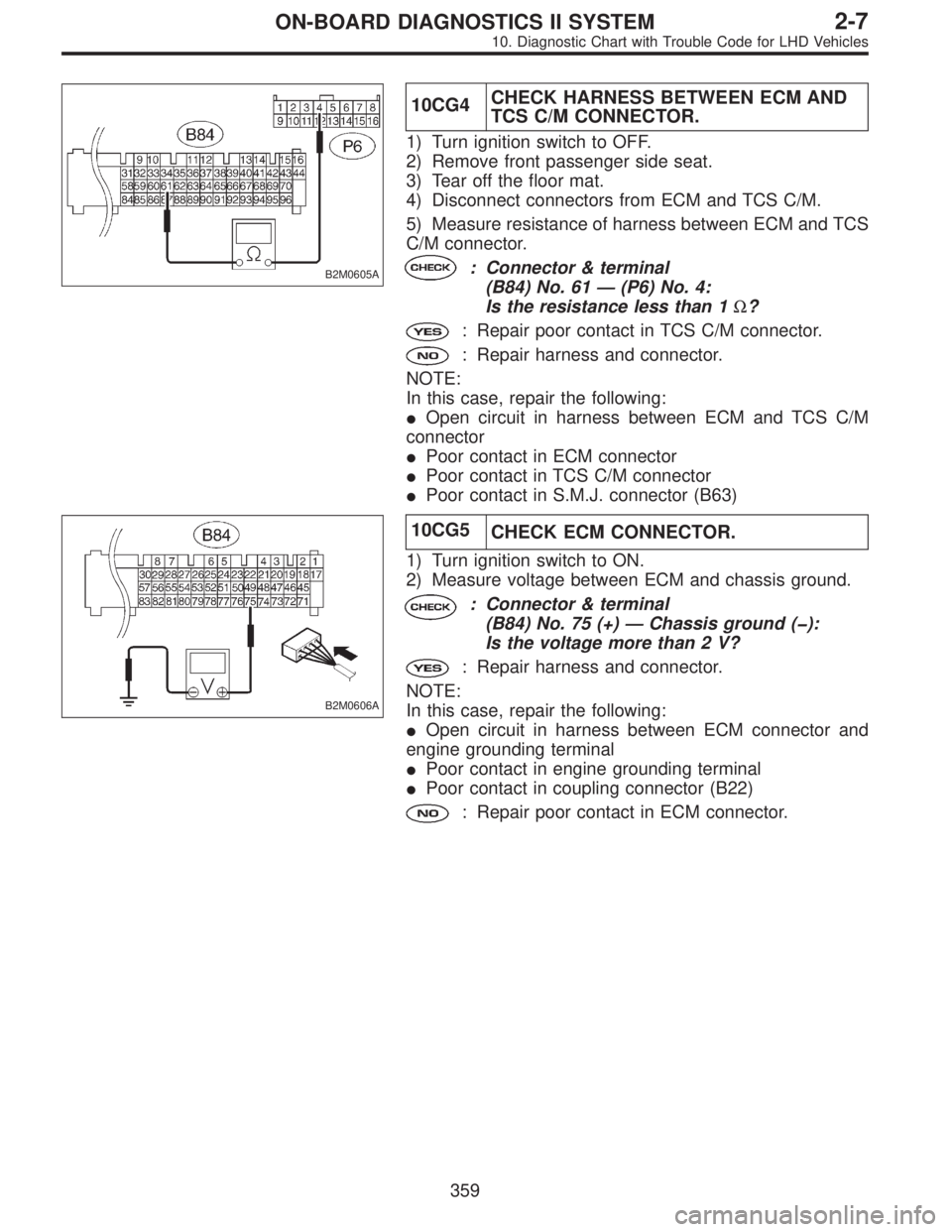 SUBARU LEGACY 1997  Service Repair Manual B2M0605A
10CG4CHECK HARNESS BETWEEN ECM AND
TCS C/M CONNECTOR.
1) Turn ignition switch to OFF.
2) Remove front passenger side seat.
3) Tear off the floor mat.
4) Disconnect connectors from ECM and TCS