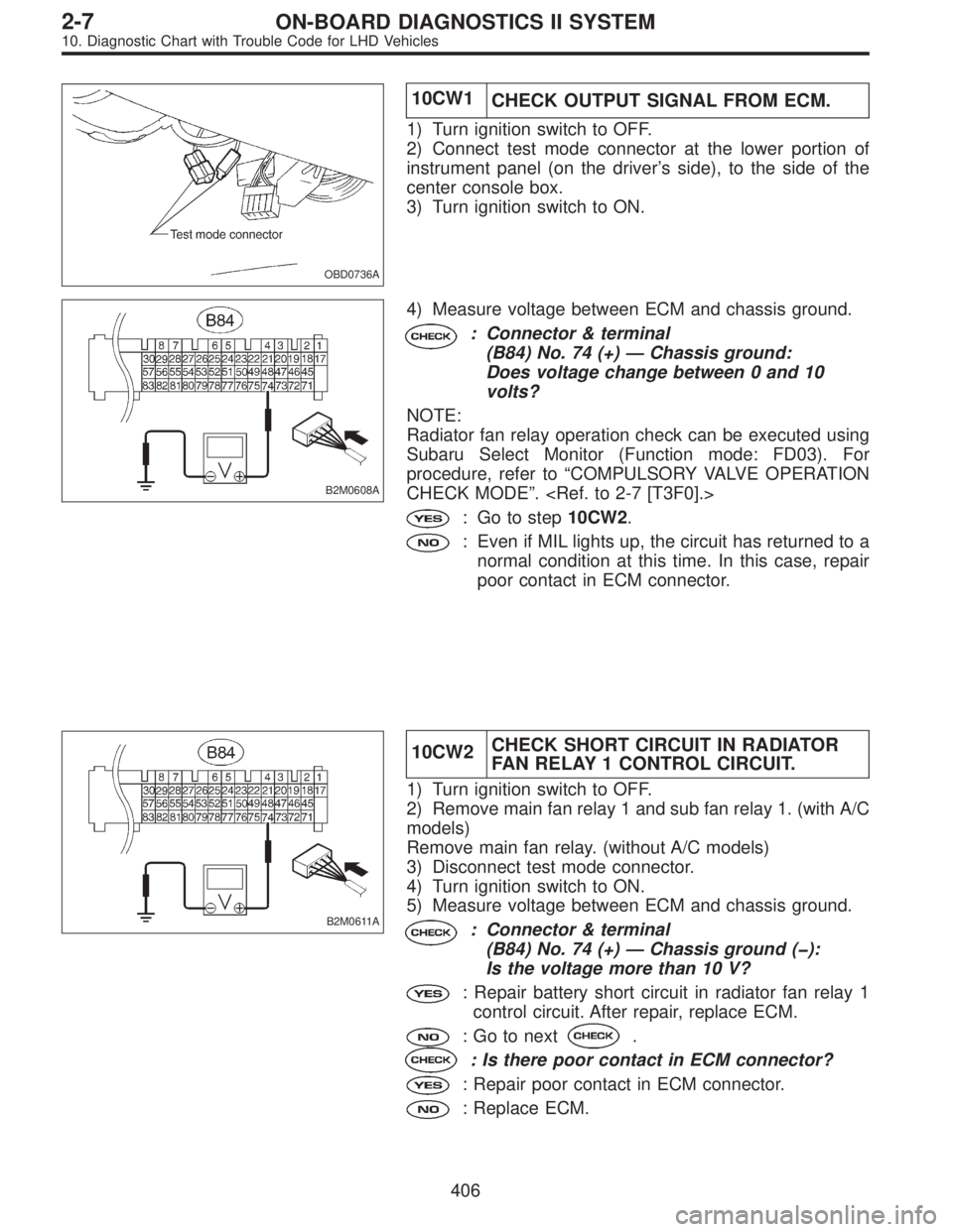 SUBARU LEGACY 1997  Service Repair Manual OBD0736A
10CW1
CHECK OUTPUT SIGNAL FROM ECM.
1) Turn ignition switch to OFF.
2) Connect test mode connector at the lower portion of
instrument panel (on the driver’s side), to the side of the
center
