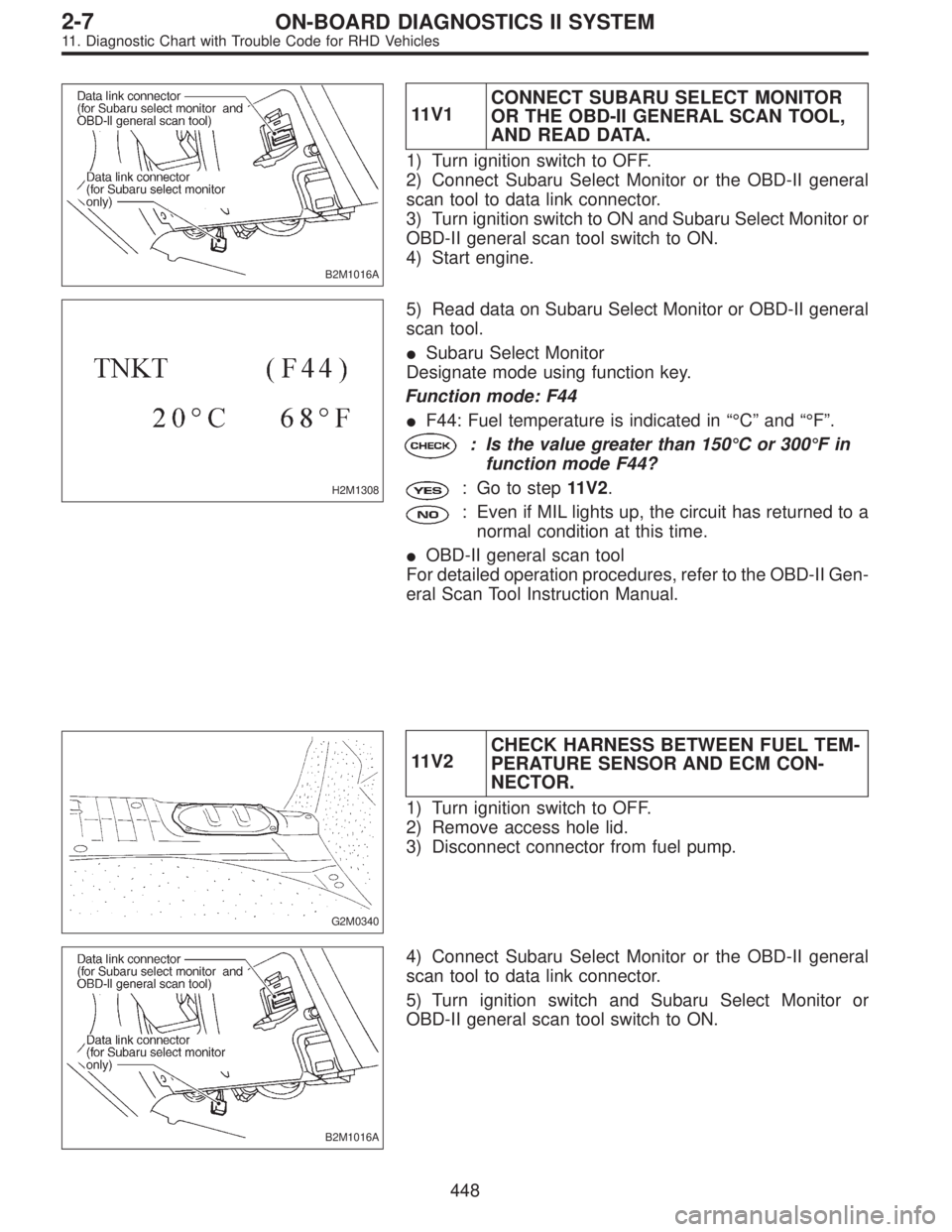 SUBARU LEGACY 1997  Service Repair Manual B2M1016A
11V1CONNECT SUBARU SELECT MONITOR
OR THE OBD-II GENERAL SCAN TOOL,
AND READ DATA.
1) Turn ignition switch to OFF.
2) Connect Subaru Select Monitor or the OBD-II general
scan tool to data link