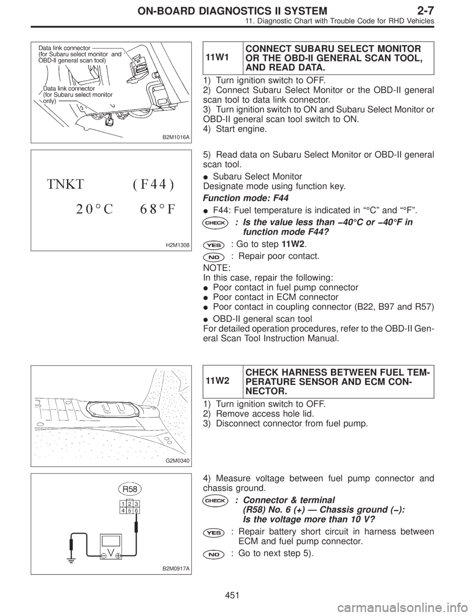 SUBARU LEGACY 1997  Service Repair Manual B2M1016A
11W1CONNECT SUBARU SELECT MONITOR
OR THE OBD-II GENERAL SCAN TOOL,
AND READ DATA.
1) Turn ignition switch to OFF.
2) Connect Subaru Select Monitor or the OBD-II general
scan tool to data link