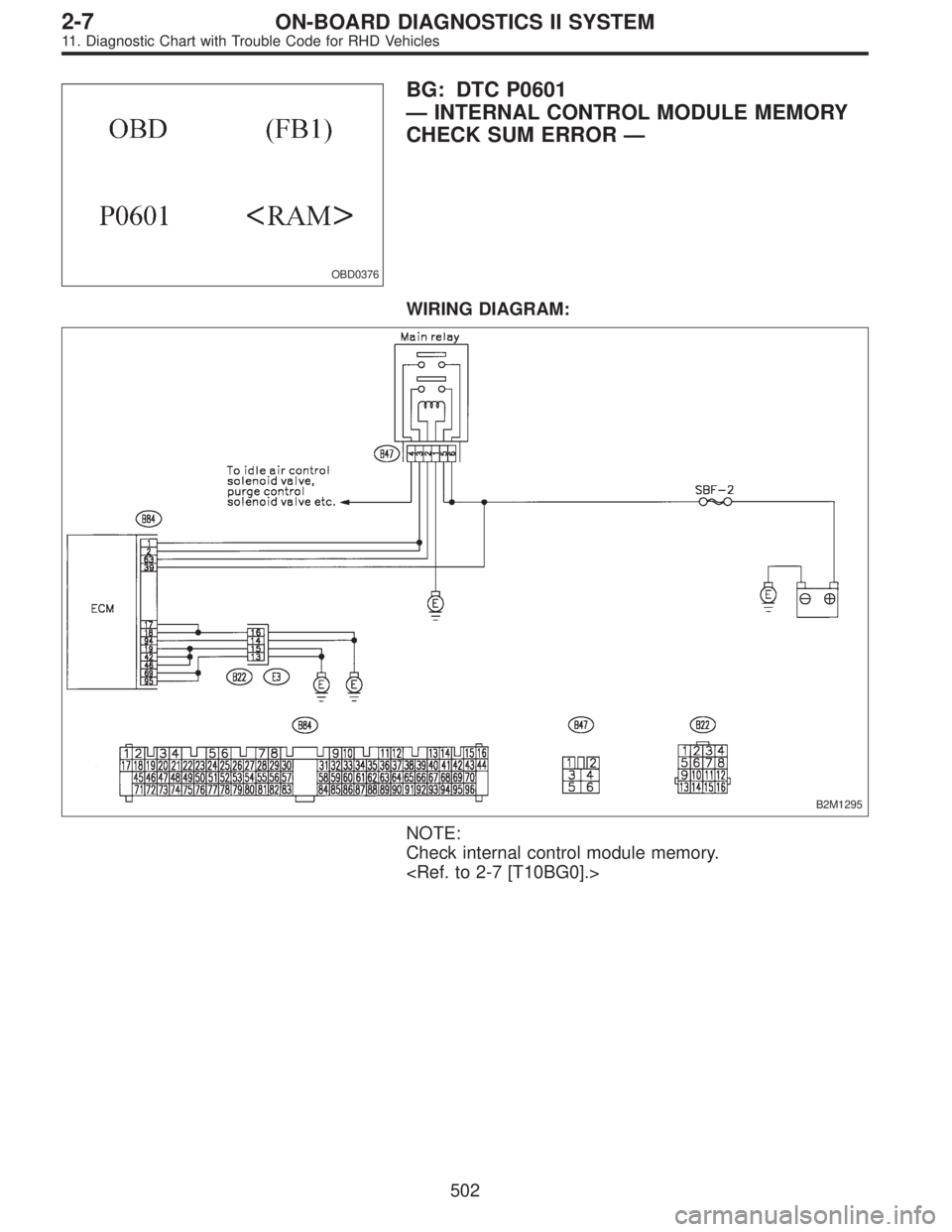 SUBARU LEGACY 1997  Service Repair Manual OBD0376
BG: DTC P0601
—INTERNAL CONTROL MODULE MEMORY
CHECK SUM ERROR—
WIRING DIAGRAM:
B2M1295
NOTE:
Check internal control module memory.
<Ref. to 2-7 [T10BG0].>
502
2-7ON-BOARD DIAGNOSTICS II SY