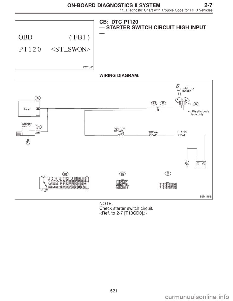 SUBARU LEGACY 1997  Service Repair Manual B2M1122
CB: DTC P1120
—STARTER SWITCH CIRCUIT HIGH INPUT
—
WIRING DIAGRAM:
B2M1153
NOTE:
Check starter switch circuit.
<Ref. to 2-7 [T10CD0].>
521
2-7ON-BOARD DIAGNOSTICS II SYSTEM
11. Diagnostic 