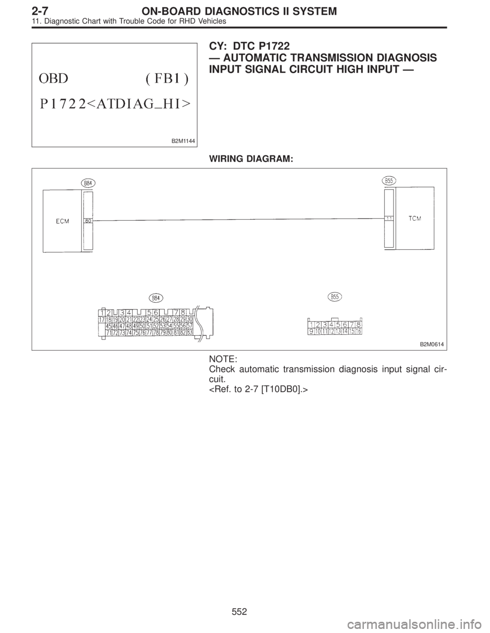 SUBARU LEGACY 1997  Service Repair Manual B2M1144
CY: DTC P1722
—AUTOMATIC TRANSMISSION DIAGNOSIS
INPUT SIGNAL CIRCUIT HIGH INPUT—
WIRING DIAGRAM:
B2M0614
NOTE:
Check automatic transmission diagnosis input signal cir-
cuit.
<Ref. to 2-7 [