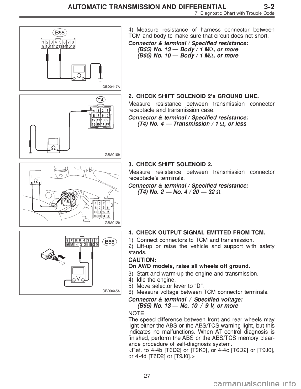 SUBARU LEGACY 1997  Service Repair Manual OBD0447A
4) Measure resistance of harness connector between
TCM and body to make sure that circuit does not short.
Connector & terminal / Specified resistance:
(B55) No. 13—Body/1MΩ, or more
(B55)