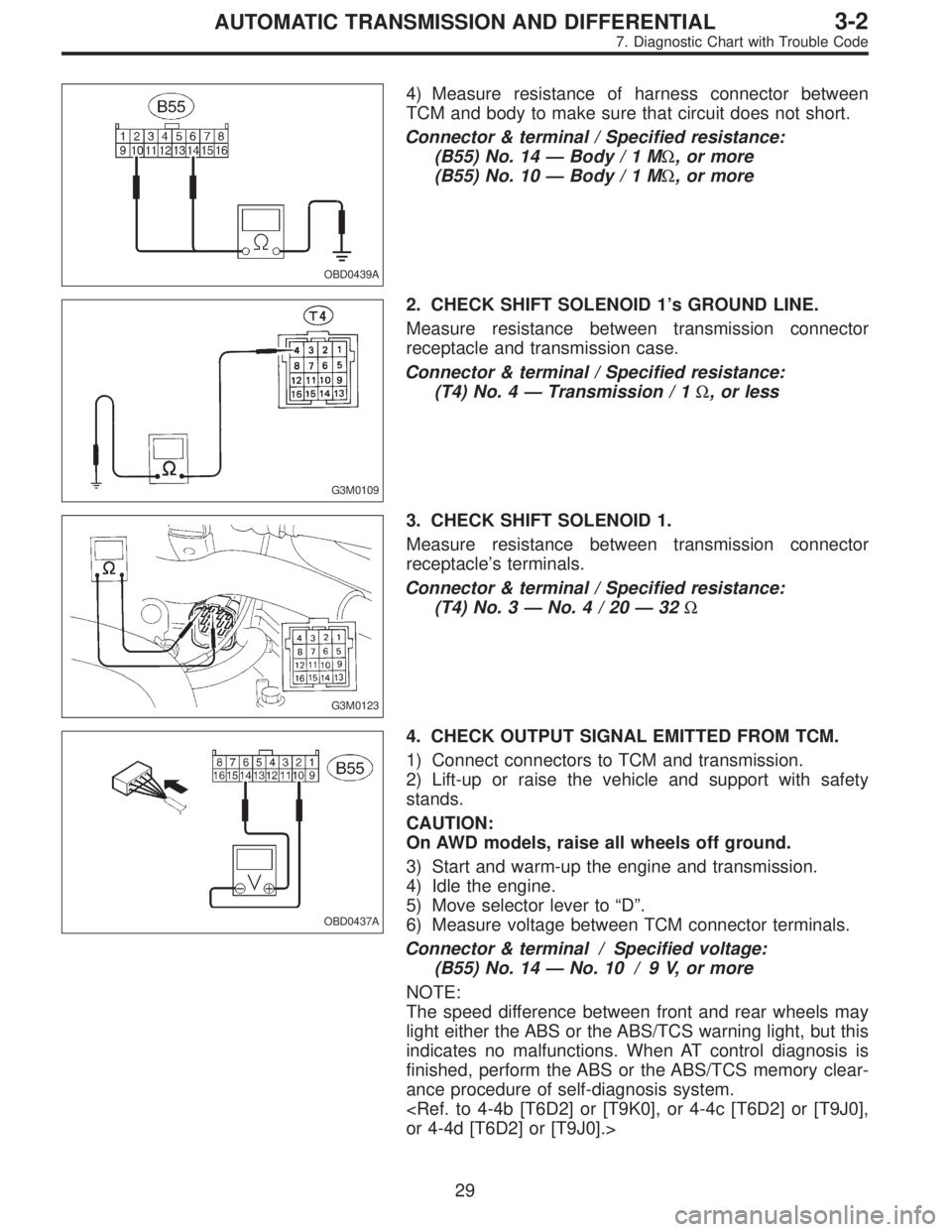SUBARU LEGACY 1997  Service Repair Manual OBD0439A
4) Measure resistance of harness connector between
TCM and body to make sure that circuit does not short.
Connector & terminal / Specified resistance:
(B55) No. 14—Body/1MΩ, or more
(B55)