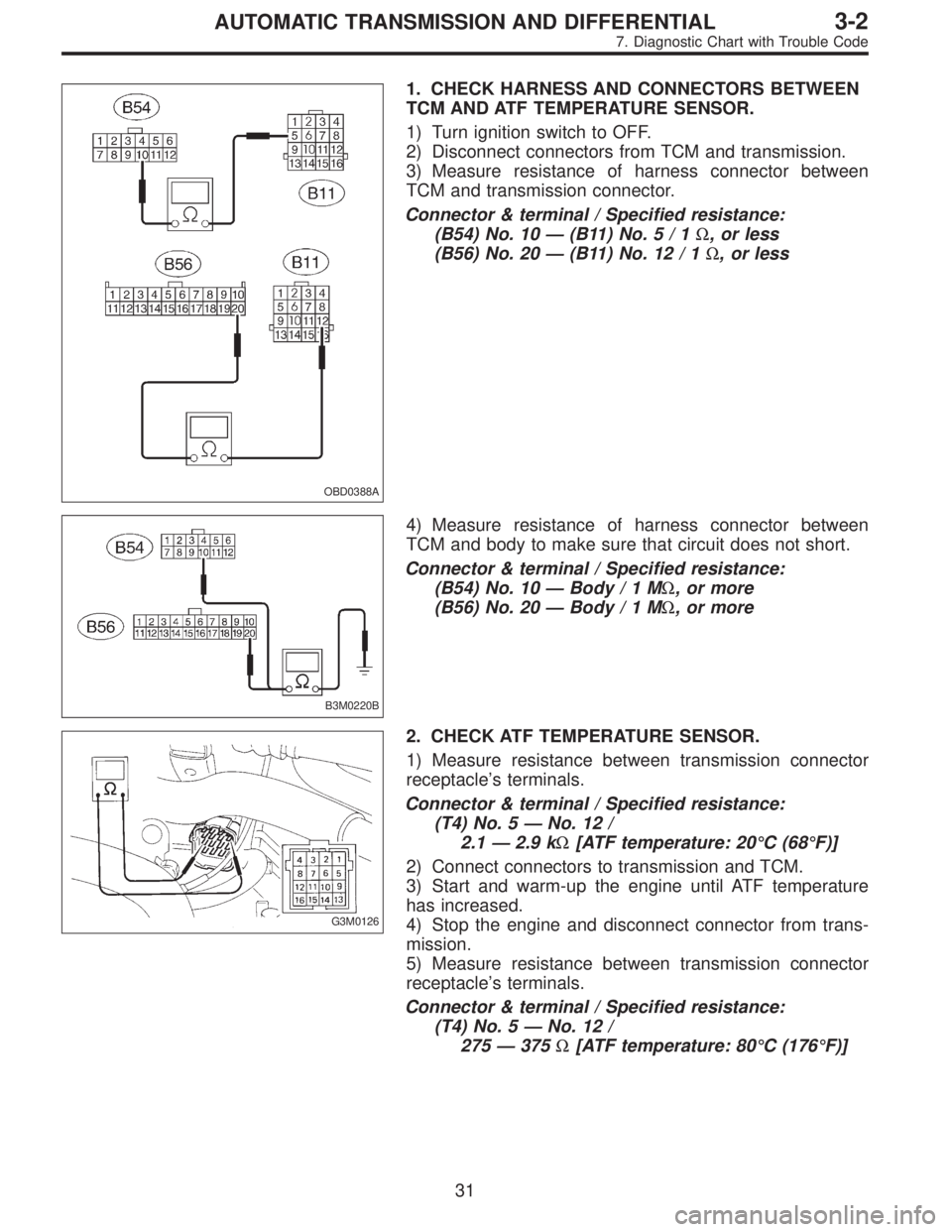 SUBARU LEGACY 1997  Service Repair Manual OBD0388A
1. CHECK HARNESS AND CONNECTORS BETWEEN
TCM AND ATF TEMPERATURE SENSOR.
1) Turn ignition switch to OFF.
2) Disconnect connectors from TCM and transmission.
3) Measure resistance of harness co