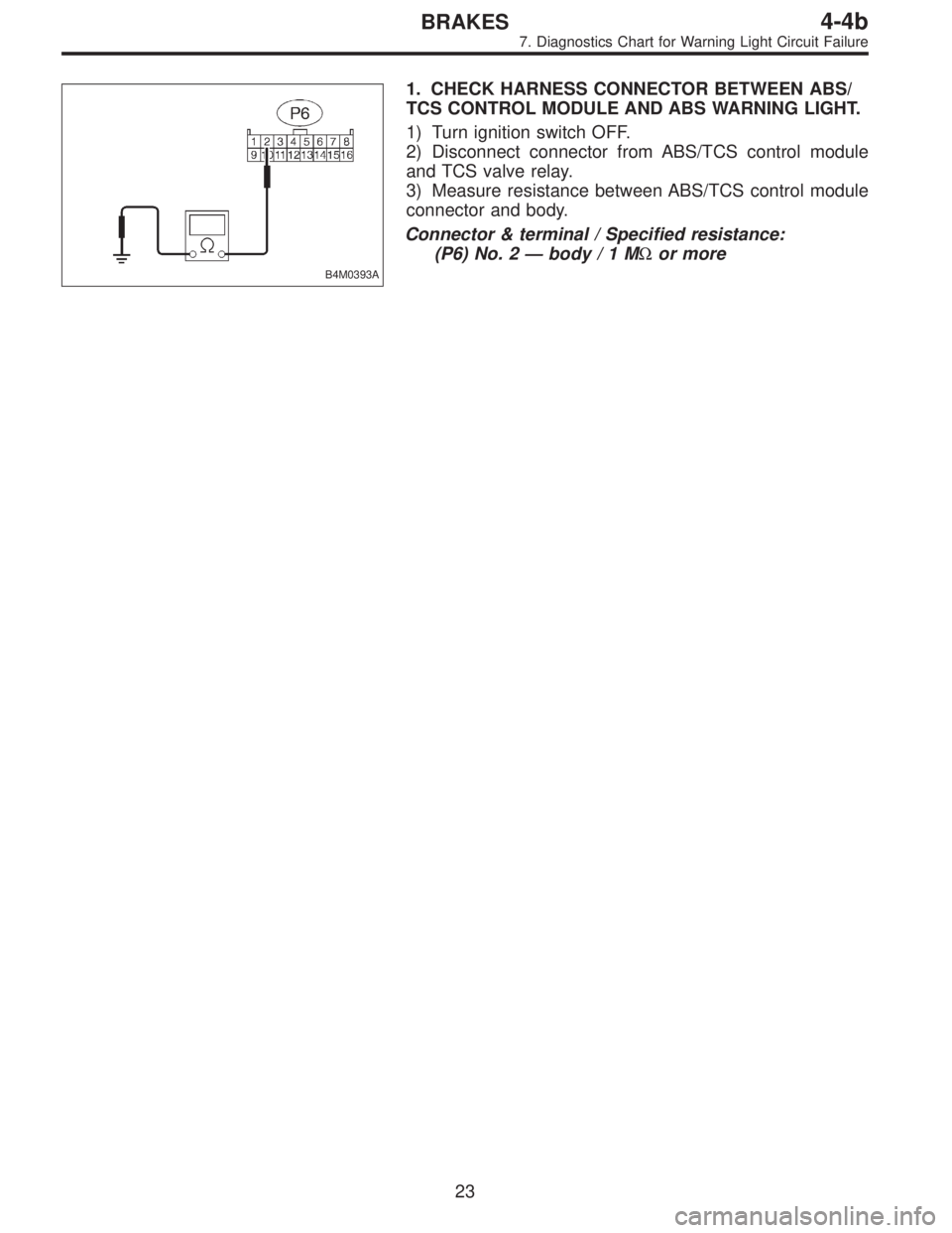 SUBARU LEGACY 1997  Service Repair Manual B4M0393A
1. CHECK HARNESS CONNECTOR BETWEEN ABS/
TCS CONTROL MODULE AND ABS WARNING LIGHT.
1) Turn ignition switch OFF.
2) Disconnect connector from ABS/TCS control module
and TCS valve relay.
3) Meas