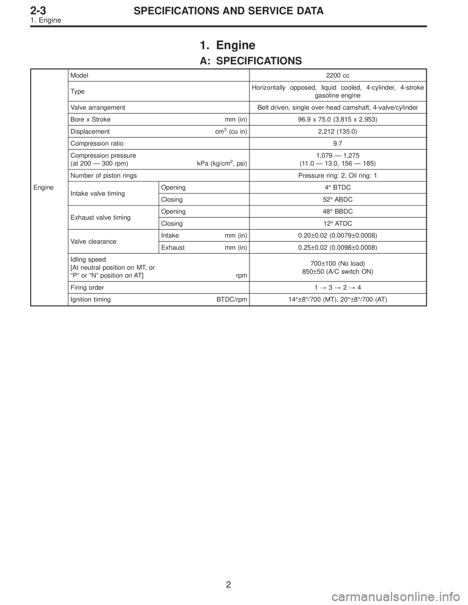 SUBARU LEGACY 1997  Service Repair Manual 1. Engine
A: SPECIFICATIONS
EngineModel2200 cc
TypeHorizontally opposed, liquid cooled, 4-cylinder, 4-stroke
gasoline engine
Valve arrangement Belt driven, single over-head camshaft, 4-valve/cylinder
