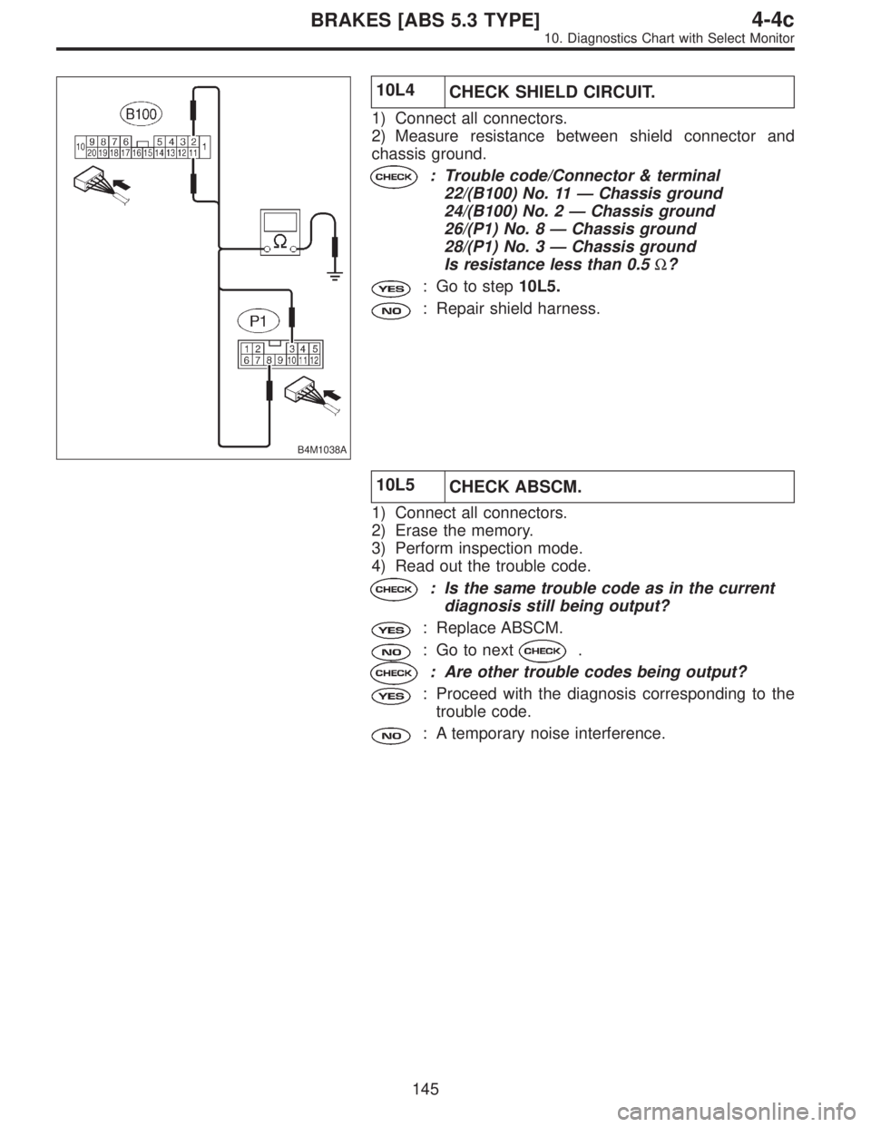 SUBARU LEGACY 1997  Service Repair Manual B4M1038A
10L4
CHECK SHIELD CIRCUIT.
1) Connect all connectors.
2) Measure resistance between shield connector and
chassis ground.
: Trouble code/Connector & terminal
22/(B100) No. 11—Chassis ground
