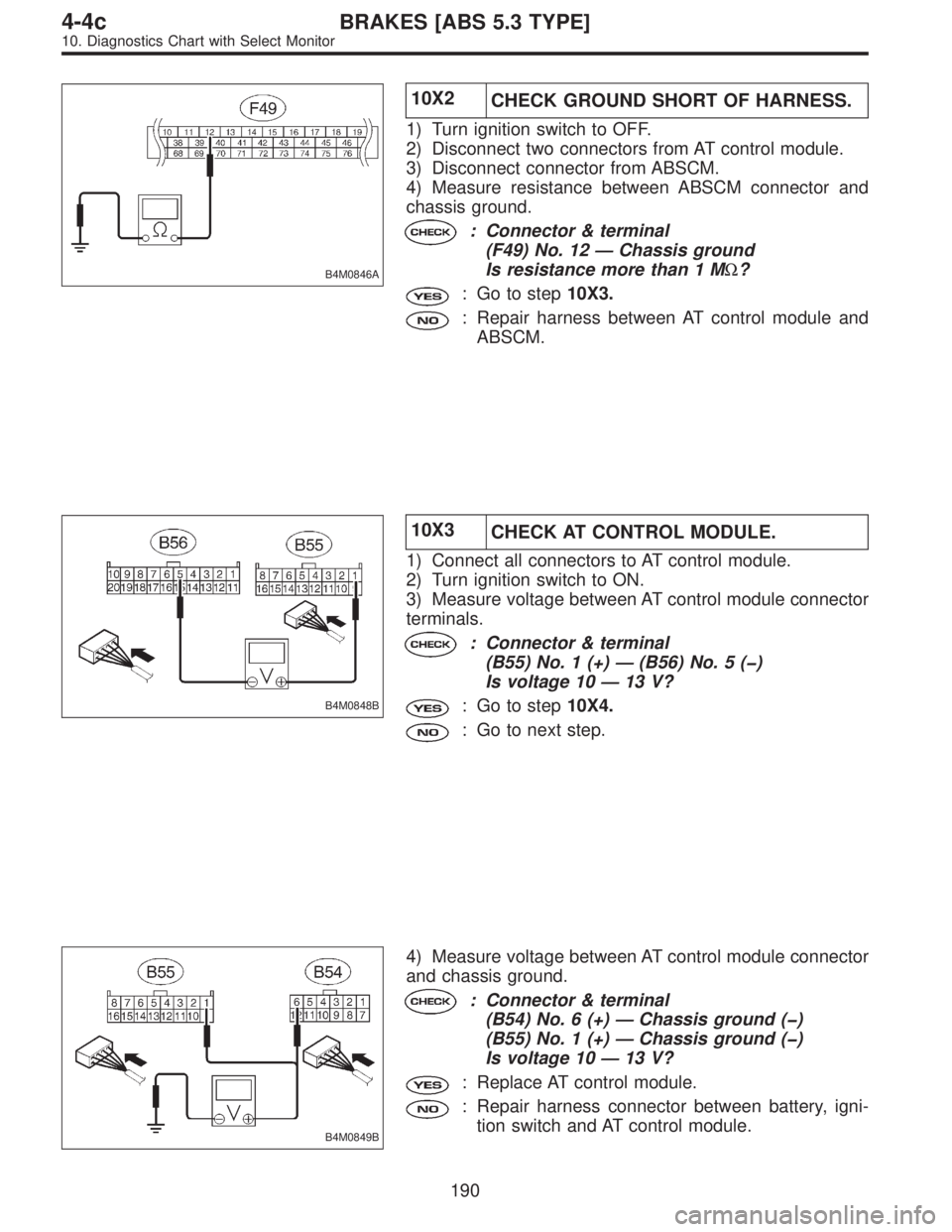 SUBARU LEGACY 1997  Service Repair Manual B4M0846A
10X2
CHECK GROUND SHORT OF HARNESS.
1) Turn ignition switch to OFF.
2) Disconnect two connectors from AT control module.
3) Disconnect connector from ABSCM.
4) Measure resistance between ABSC