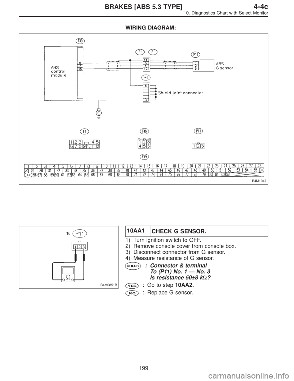 SUBARU LEGACY 1997  Service Repair Manual WIRING DIAGRAM:
B4M1047
B4M0851B
10AA1
CHECK G SENSOR.
1) Turn ignition switch to OFF.
2) Remove console cover from console box.
3) Disconnect connector from G sensor.
4) Measure resistance of G senso