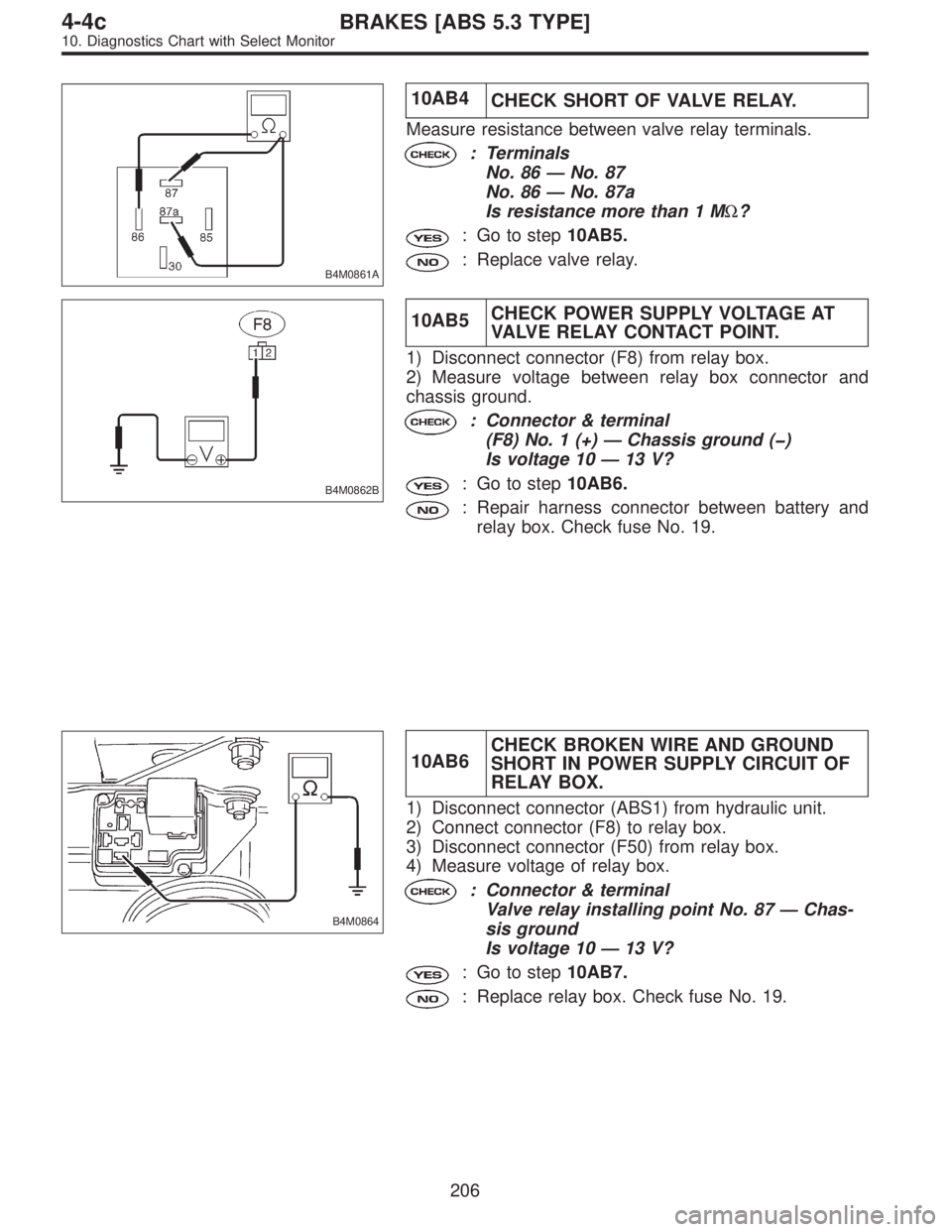 SUBARU LEGACY 1997 Service Repair Manual B4M0861A
10AB4
CHECK SHORT OF VALVE RELAY.
Measure resistance between valve relay terminals.
: Terminals
No. 86—No. 87
No. 86—No. 87a
Is resistance more than 1 MΩ?
: Go to step10AB5.
: Replace v SUBARU LEGACY 1997 Service Repair Manual B4M0861A
10AB4
CHECK SHORT OF VALVE RELAY.
Measure resistance between valve relay terminals.
: Terminals
No. 86—No. 87
No. 86—No. 87a
Is resistance more than 1 MΩ?
: Go to step10AB5.
: Replace v