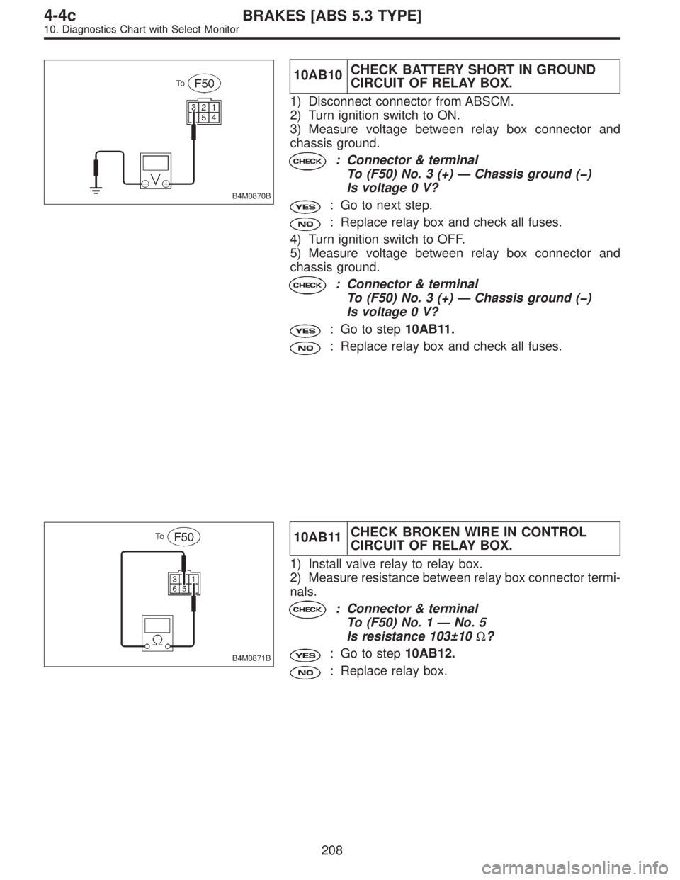 SUBARU LEGACY 1997 Service Repair Manual B4M0870B
10AB10CHECK BATTERY SHORT IN GROUND
CIRCUIT OF RELAY BOX.
1) Disconnect connector from ABSCM.
2) Turn ignition switch to ON.
3) Measure voltage between relay box connector and
chassis ground. SUBARU LEGACY 1997 Service Repair Manual B4M0870B
10AB10CHECK BATTERY SHORT IN GROUND
CIRCUIT OF RELAY BOX.
1) Disconnect connector from ABSCM.
2) Turn ignition switch to ON.
3) Measure voltage between relay box connector and
chassis ground.