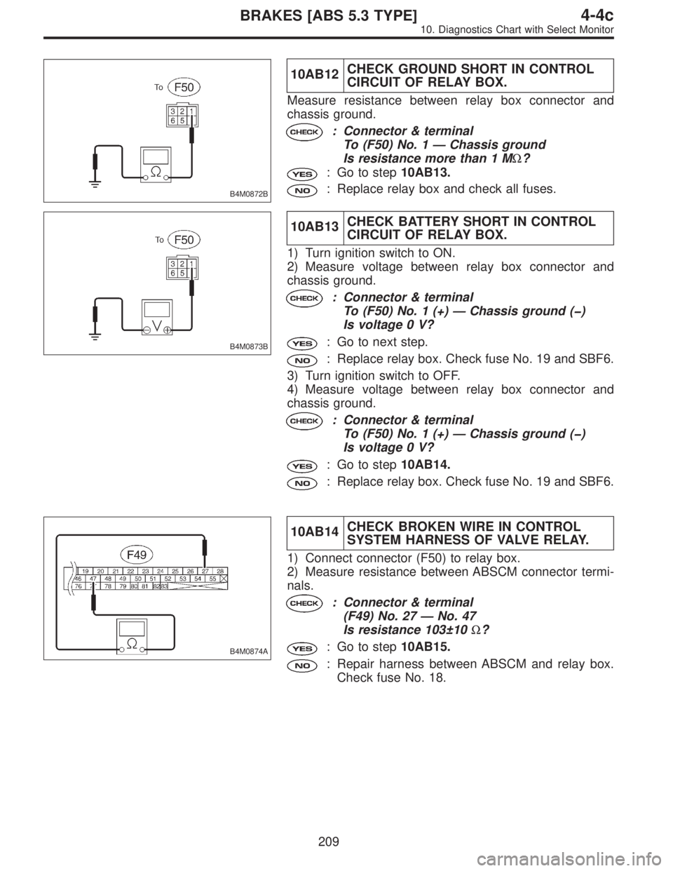 SUBARU LEGACY 1997 Service Repair Manual B4M0872B
10AB12CHECK GROUND SHORT IN CONTROL
CIRCUIT OF RELAY BOX.
Measure resistance between relay box connector and
chassis ground.
: Connector & terminal
To (F50) No. 1—Chassis ground
Is resistan SUBARU LEGACY 1997 Service Repair Manual B4M0872B
10AB12CHECK GROUND SHORT IN CONTROL
CIRCUIT OF RELAY BOX.
Measure resistance between relay box connector and
chassis ground.
: Connector & terminal
To (F50) No. 1—Chassis ground
Is resistan