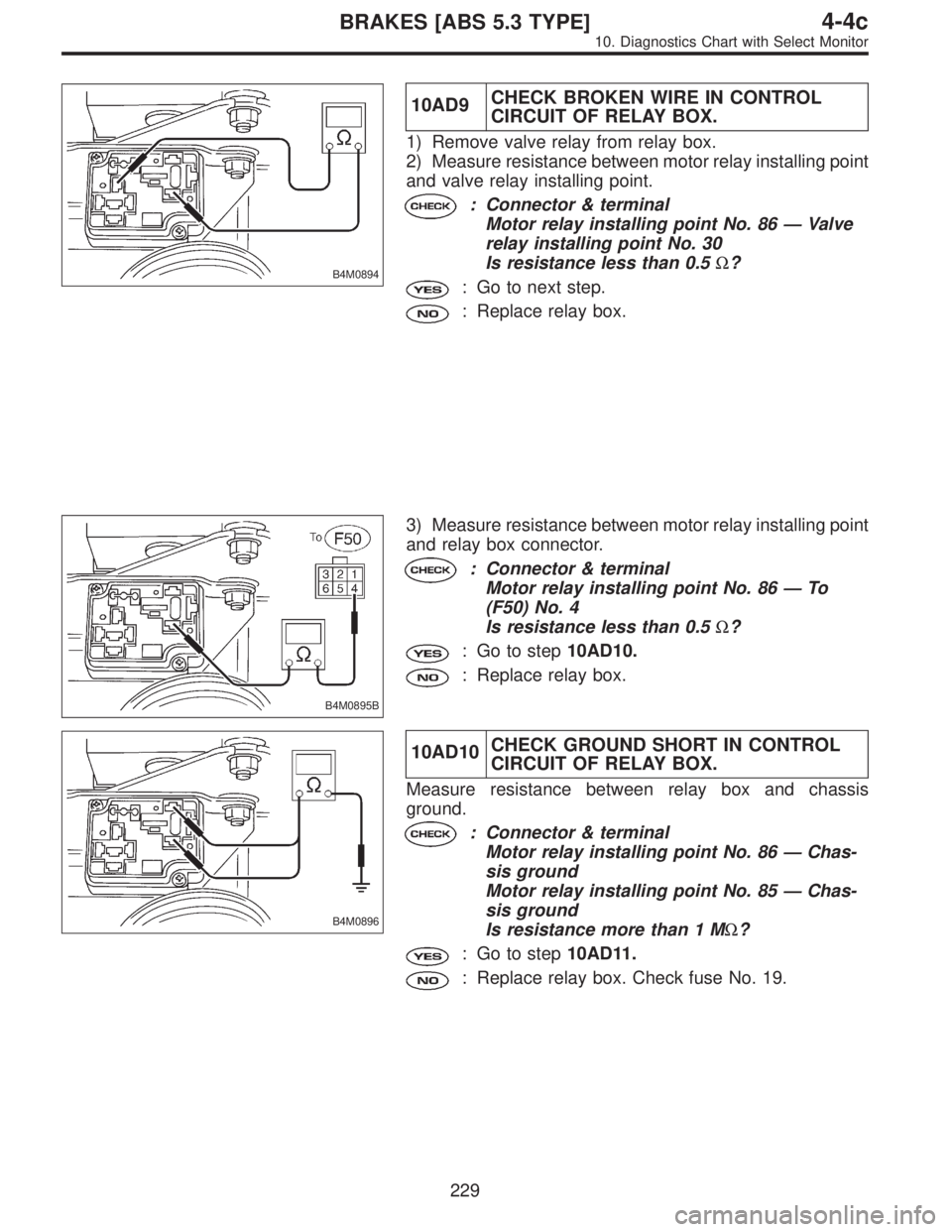 SUBARU LEGACY 1997  Service Repair Manual B4M0894
10AD9CHECK BROKEN WIRE IN CONTROL
CIRCUIT OF RELAY BOX.
1) Remove valve relay from relay box.
2) Measure resistance between motor relay installing point
and valve relay installing point.
: Con