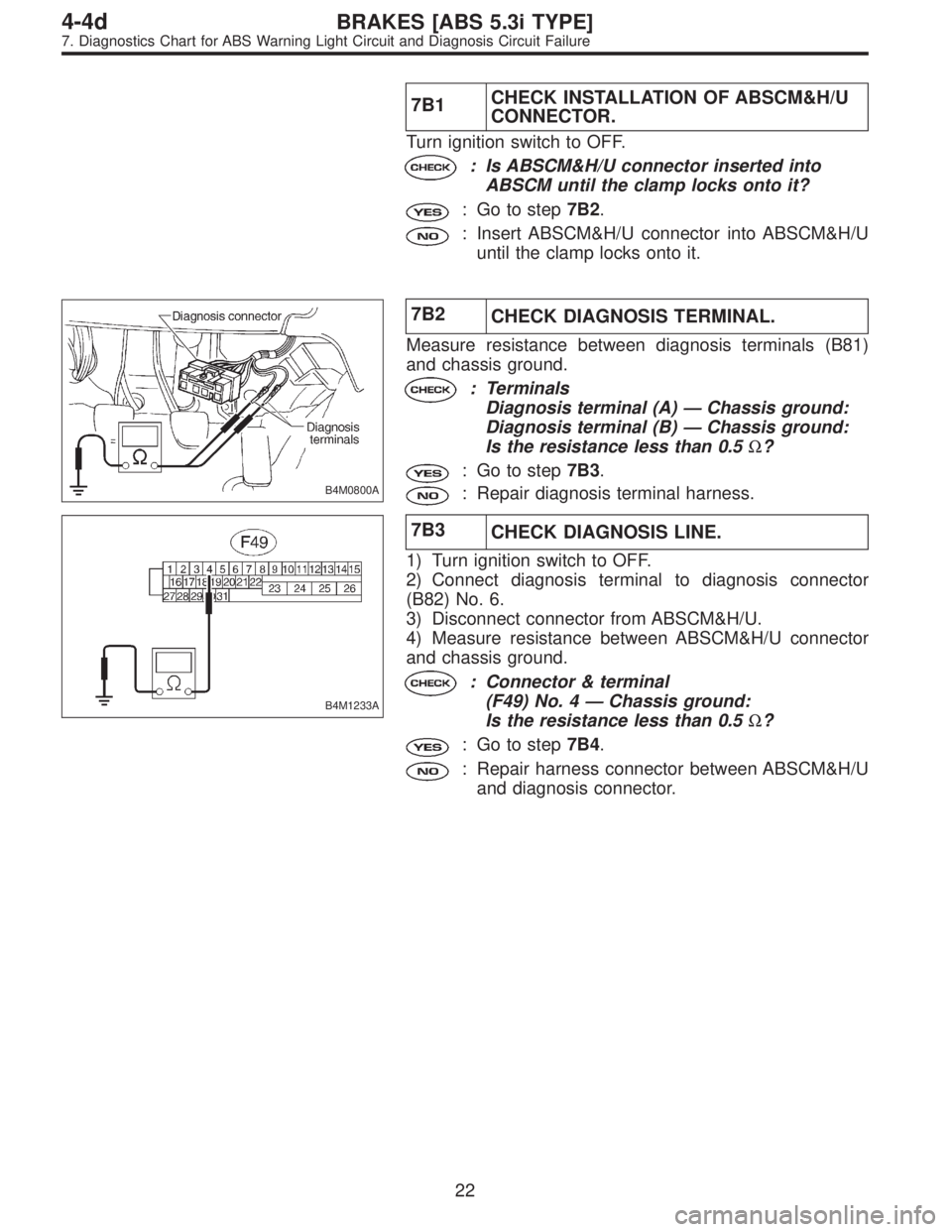 SUBARU LEGACY 1997  Service Repair Manual 7B1CHECK INSTALLATION OF ABSCM&H/U
CONNECTOR.
Turn ignition switch to OFF.
: Is ABSCM&H/U connector inserted into
ABSCM until the clamp locks onto it?
: Go to step7B2.
: Insert ABSCM&H/U connector int