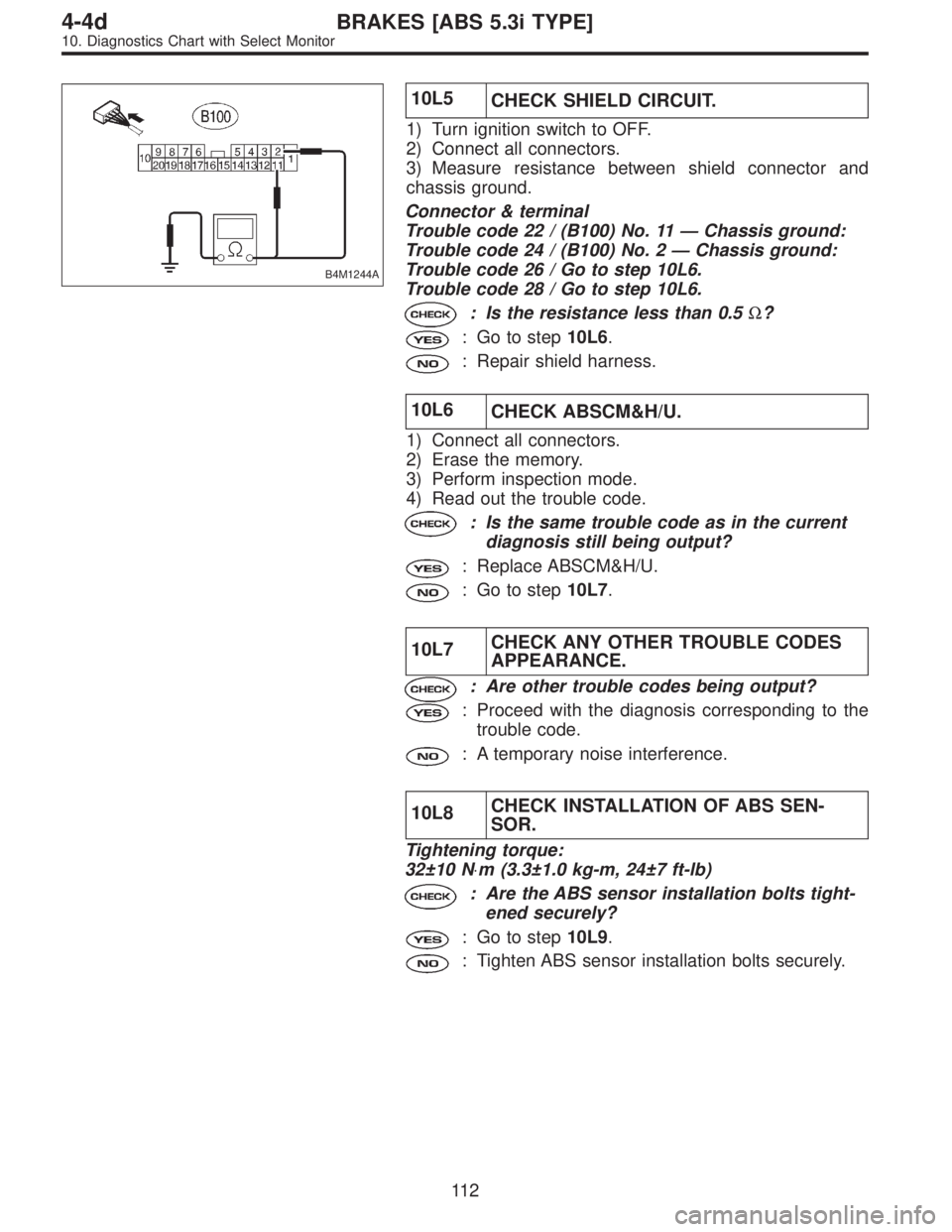 SUBARU LEGACY 1997  Service Repair Manual B4M1244A
10L5
CHECK SHIELD CIRCUIT.
1) Turn ignition switch to OFF.
2) Connect all connectors.
3) Measure resistance between shield connector and
chassis ground.
Connector & terminal
Trouble code 22 /