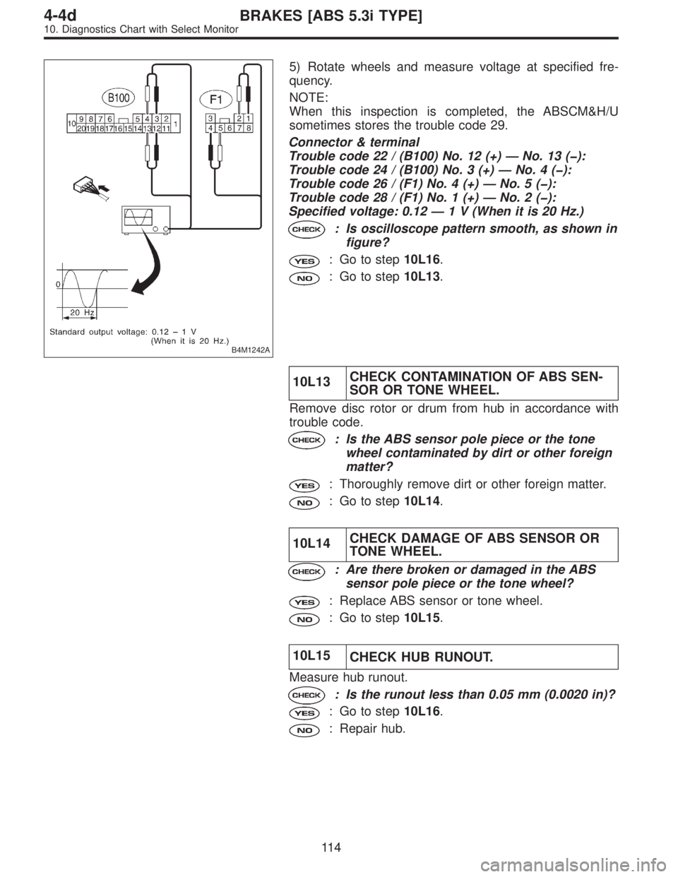 SUBARU LEGACY 1997  Service Repair Manual B4M1242A
5) Rotate wheels and measure voltage at specified fre-
quency.
NOTE:
When this inspection is completed, the ABSCM&H/U
sometimes stores the trouble code 29.
Connector & terminal
Trouble code 2