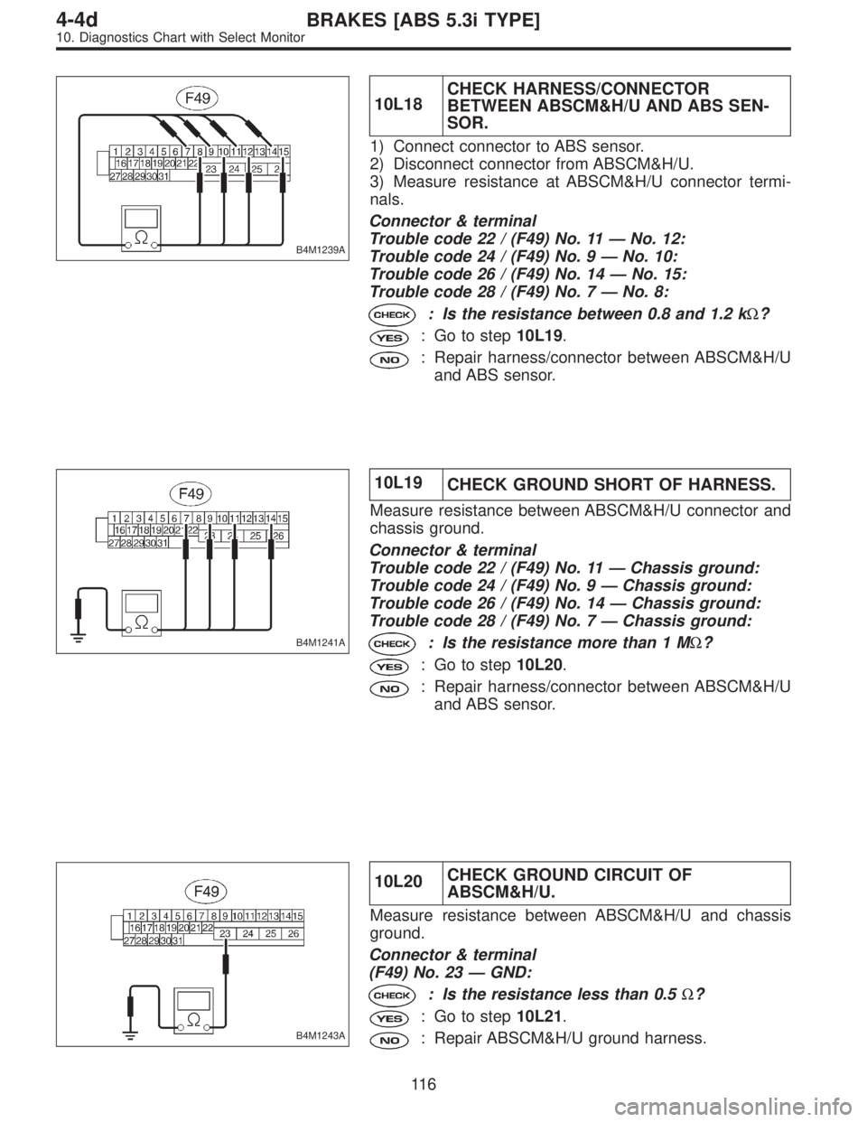 SUBARU LEGACY 1997  Service Repair Manual B4M1239A
10L18CHECK HARNESS/CONNECTOR
BETWEEN ABSCM&H/U AND ABS SEN-
SOR.
1) Connect connector to ABS sensor.
2) Disconnect connector from ABSCM&H/U.
3) Measure resistance at ABSCM&H/U connector termi