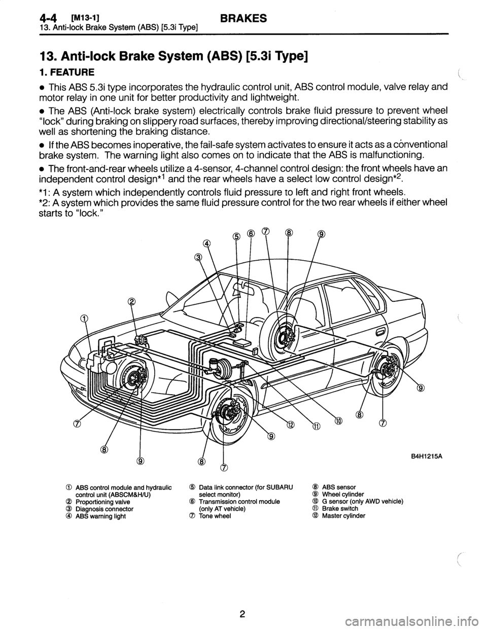 SUBARU LEGACY 1997  Service Repair Manual 4-4
LM13-1]
BRAKES
13
.
Anti-lock
Brake
System
(ABS)
[5
.3i
Type]

13
.
Anti-lock
Brake
System
(ABS)
[5
.3i
Type]

1
.
FEATURE

*
This
ABS
5
.3i
type
incorporates
the
hydraulic
control
unit,
ABS
contr