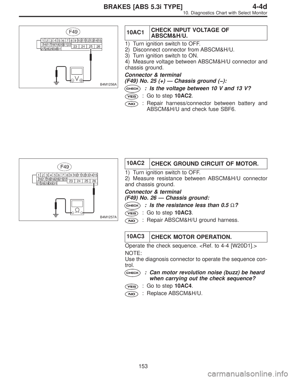 SUBARU LEGACY 1997  Service Repair Manual B4M1256A
10AC1CHECK INPUT VOLTAGE OF
ABSCM&H/U.
1) Turn ignition switch to OFF.
2) Disconnect connector from ABSCM&H/U.
3) Turn ignition switch to ON.
4) Measure voltage between ABSCM&H/U connector an