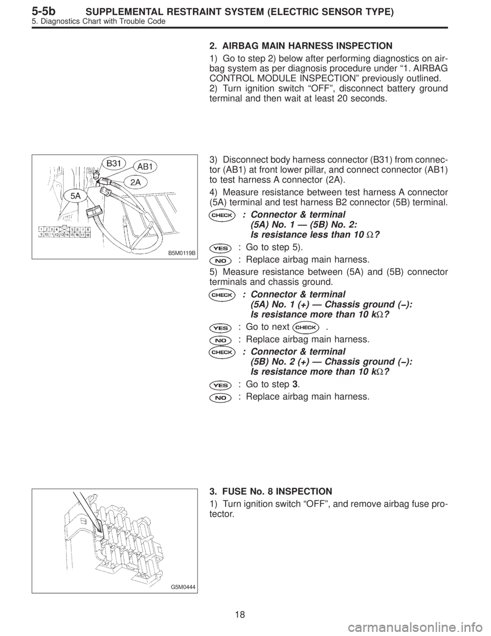 SUBARU LEGACY 1997  Service Repair Manual 2. AIRBAG MAIN HARNESS INSPECTION
1) Go to step 2) below after performing diagnostics on air-
bag system as per diagnosis procedure under“1. AIRBAG
CONTROL MODULE INSPECTION”previously outlined.
2