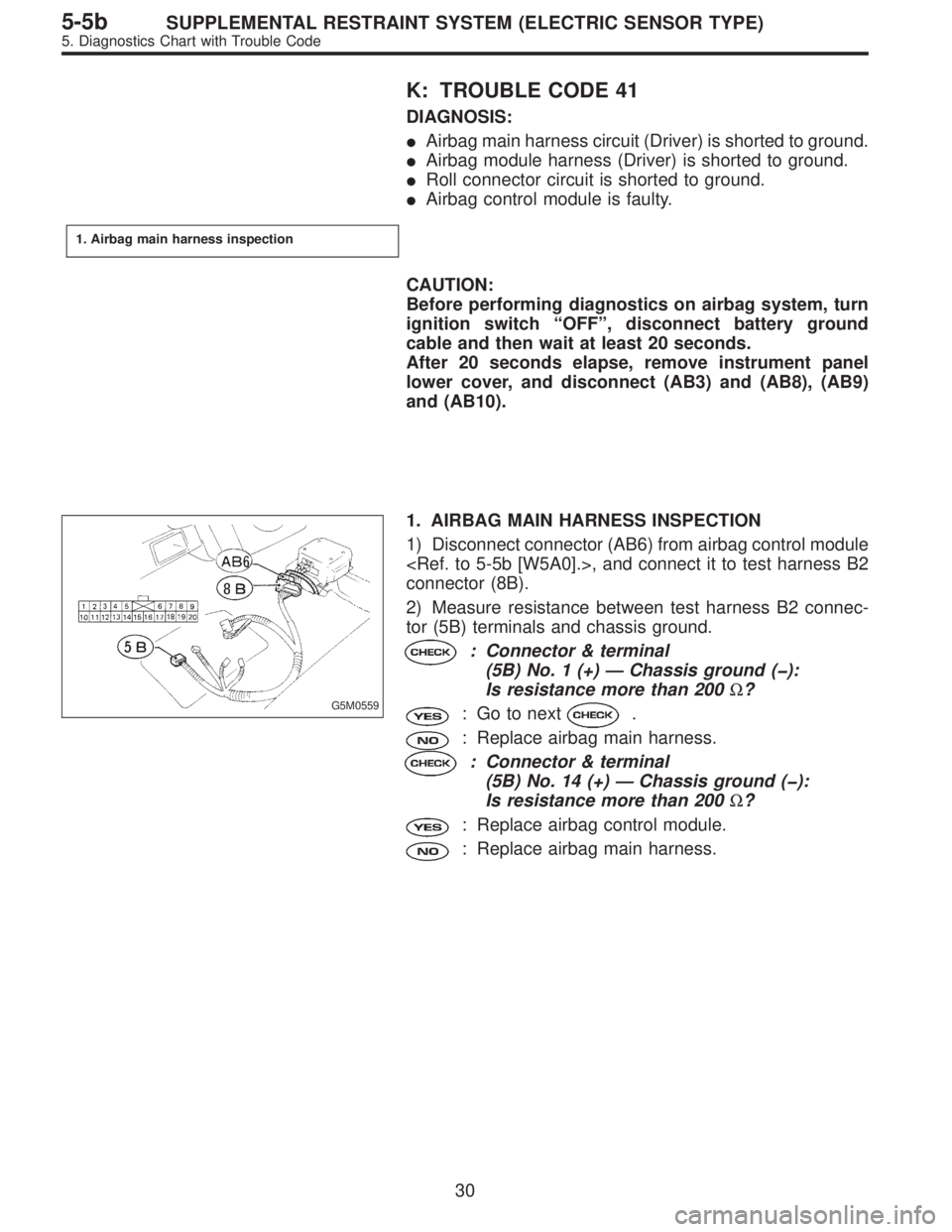 SUBARU LEGACY 1997  Service Repair Manual K: TROUBLE CODE 41
DIAGNOSIS:
Airbag main harness circuit (Driver) is shorted to ground.
Airbag module harness (Driver) is shorted to ground.
Roll connector circuit is shorted to ground.
Airbag co