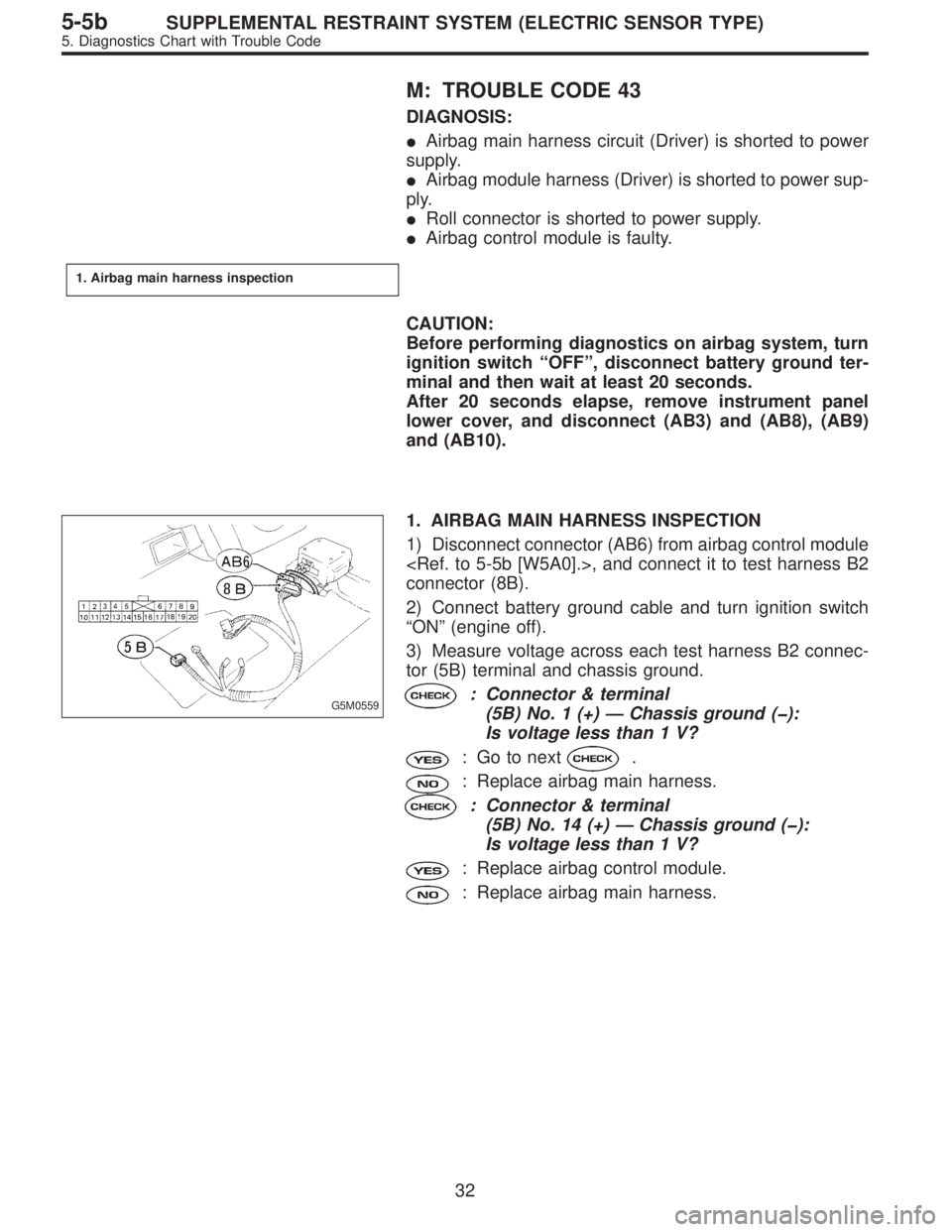 SUBARU LEGACY 1997  Service Repair Manual M: TROUBLE CODE 43
DIAGNOSIS:
Airbag main harness circuit (Driver) is shorted to power
supply.
Airbag module harness (Driver) is shorted to power sup-
ply.
Roll connector is shorted to power supply