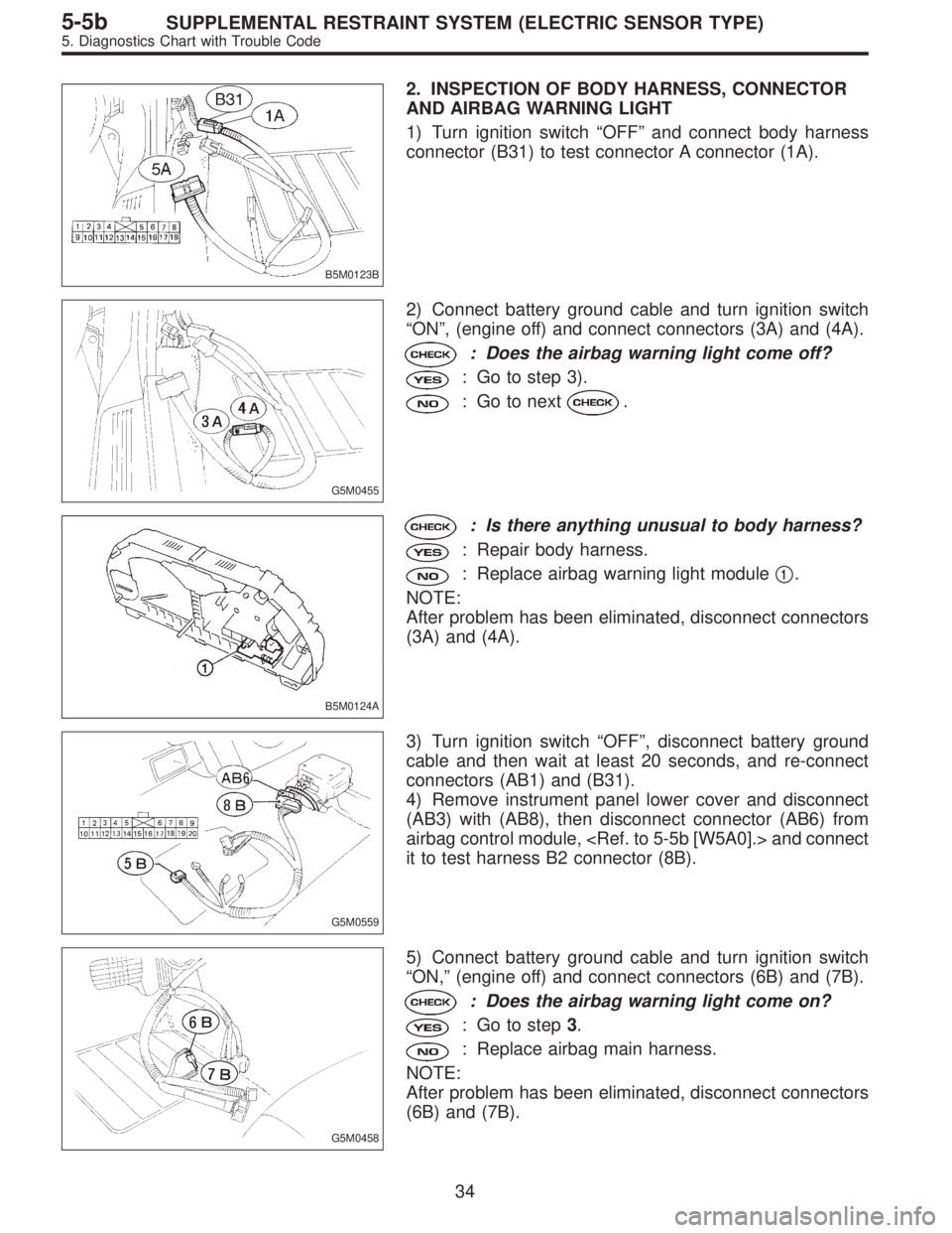 SUBARU LEGACY 1997  Service Repair Manual B5M0123B
2. INSPECTION OF BODY HARNESS, CONNECTOR
AND AIRBAG WARNING LIGHT
1) Turn ignition switch“OFF”and connect body harness
connector (B31) to test connector A connector (1A).
G5M0455
2) Conne