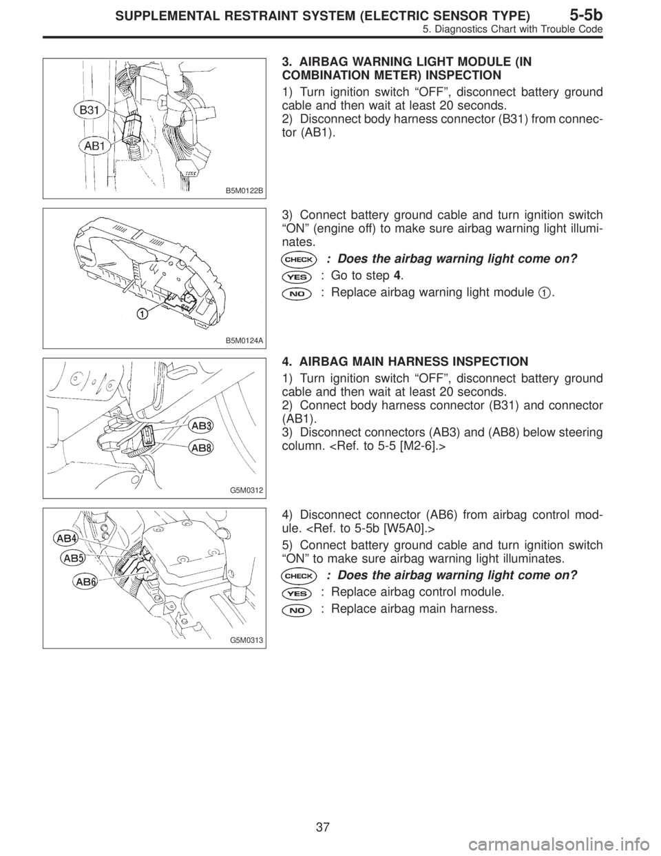 SUBARU LEGACY 1997  Service Repair Manual B5M0122B
3. AIRBAG WARNING LIGHT MODULE (IN
COMBINATION METER) INSPECTION
1) Turn ignition switch“OFF”, disconnect battery ground
cable and then wait at least 20 seconds.
2) Disconnect body harnes