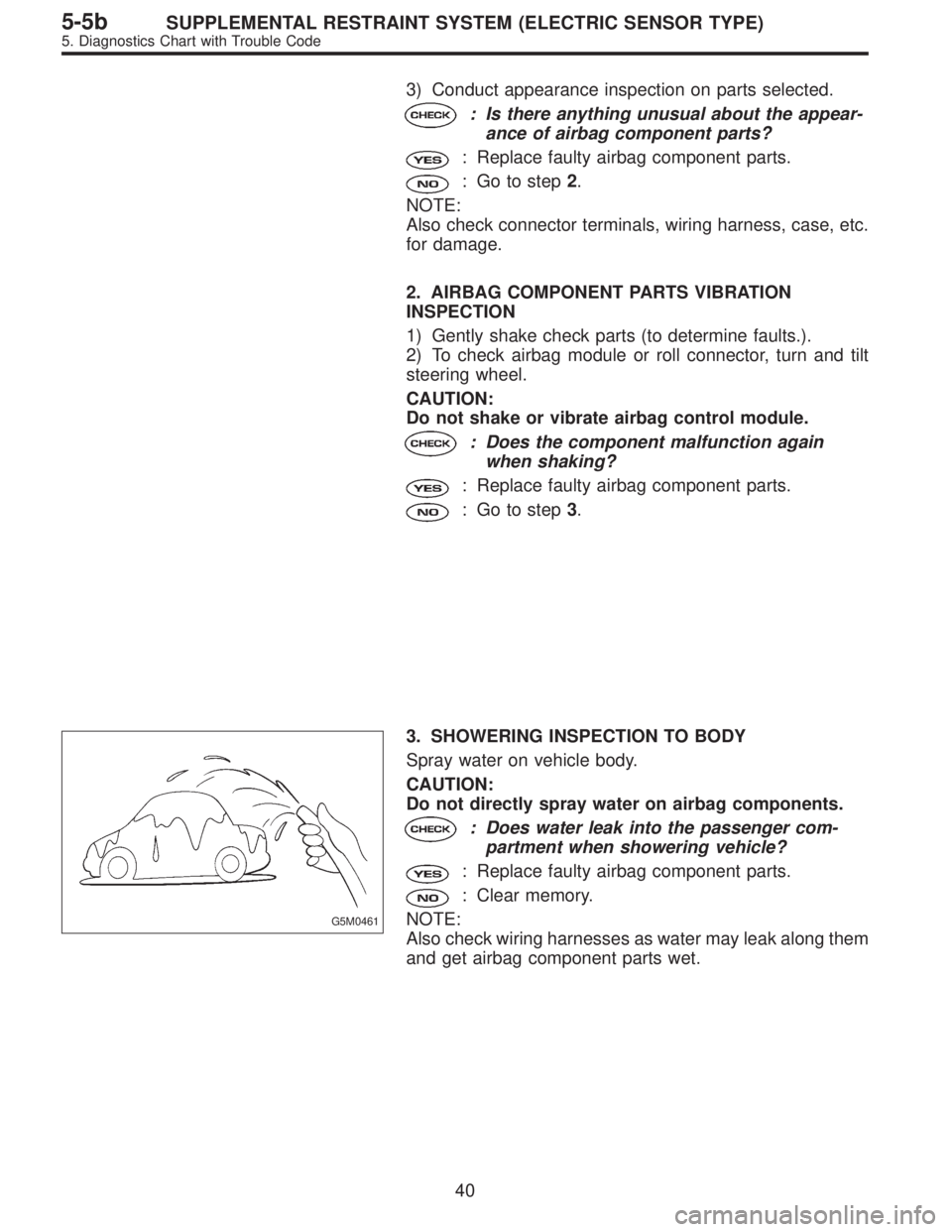 SUBARU LEGACY 1997  Service Repair Manual 3) Conduct appearance inspection on parts selected.
: Is there anything unusual about the appear-
ance of airbag component parts?
: Replace faulty airbag component parts.
: Go to step2.
NOTE:
Also che