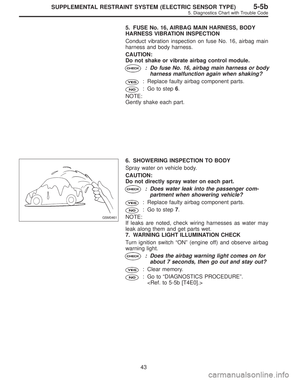 SUBARU LEGACY 1997  Service Repair Manual 5. FUSE No. 16, AIRBAG MAIN HARNESS, BODY
HARNESS VIBRATION INSPECTION
Conduct vibration inspection on fuse No. 16, airbag main
harness and body harness.
CAUTION:
Do not shake or vibrate airbag contro